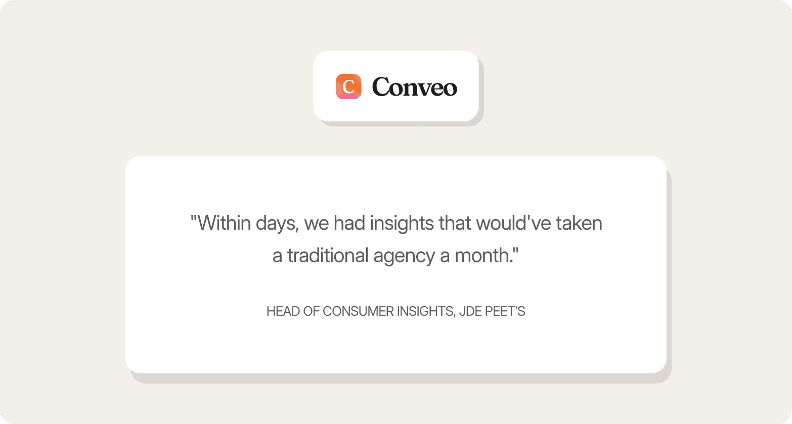 Conveo logo above a customer quote card from the Head of Consumer Insights at JDE Peet's, noting that Conveo delivered insights within days that would have taken a traditional agency a month.