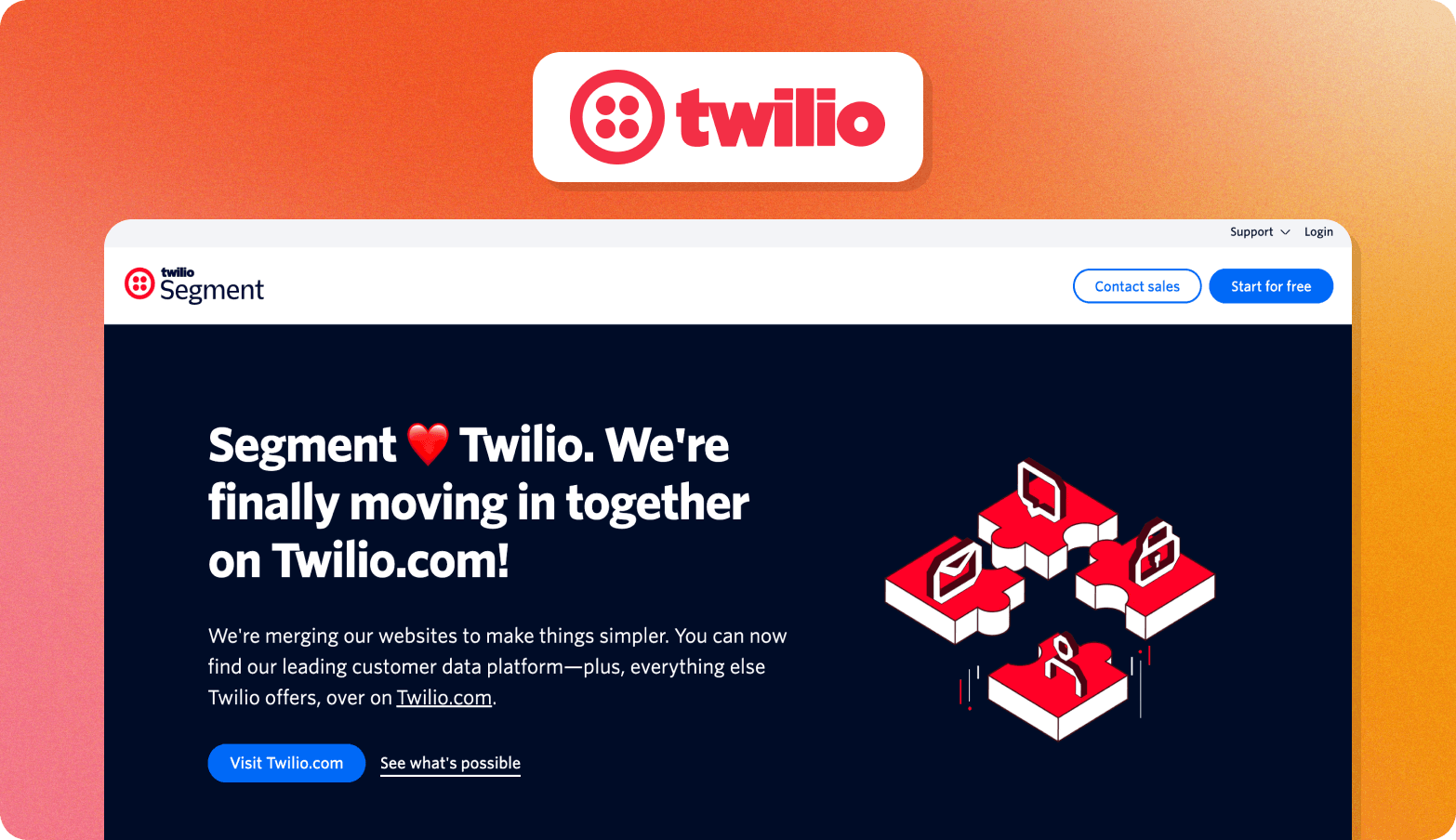 Twilio Segment homepage announcing the merger of Segment and Twilio websites, with a heart emoji and an isometric illustration of connected app icons.