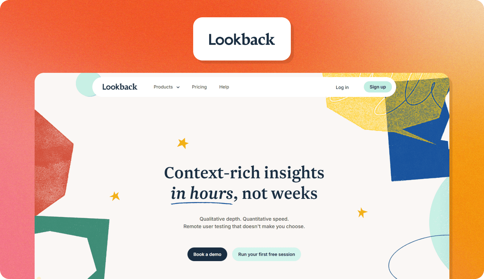 The Lookback logo above a screenshot of the Lookback website homepage on an orange gradient background, showing the headline "Context-rich insights in hours, not weeks" with the subheading "Qualitative depth. Quantitative speed. Remote user testing that doesn't make you choose."