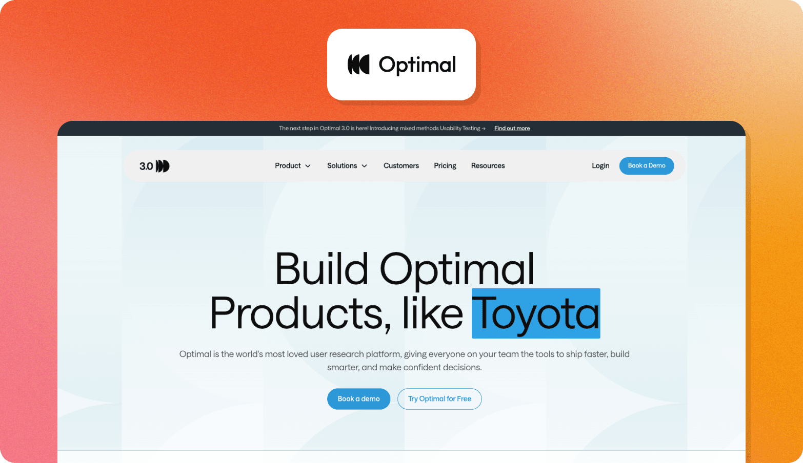 Screenshot of the Optimal website homepage with the headline "Build Optimal Products, like Toyota."