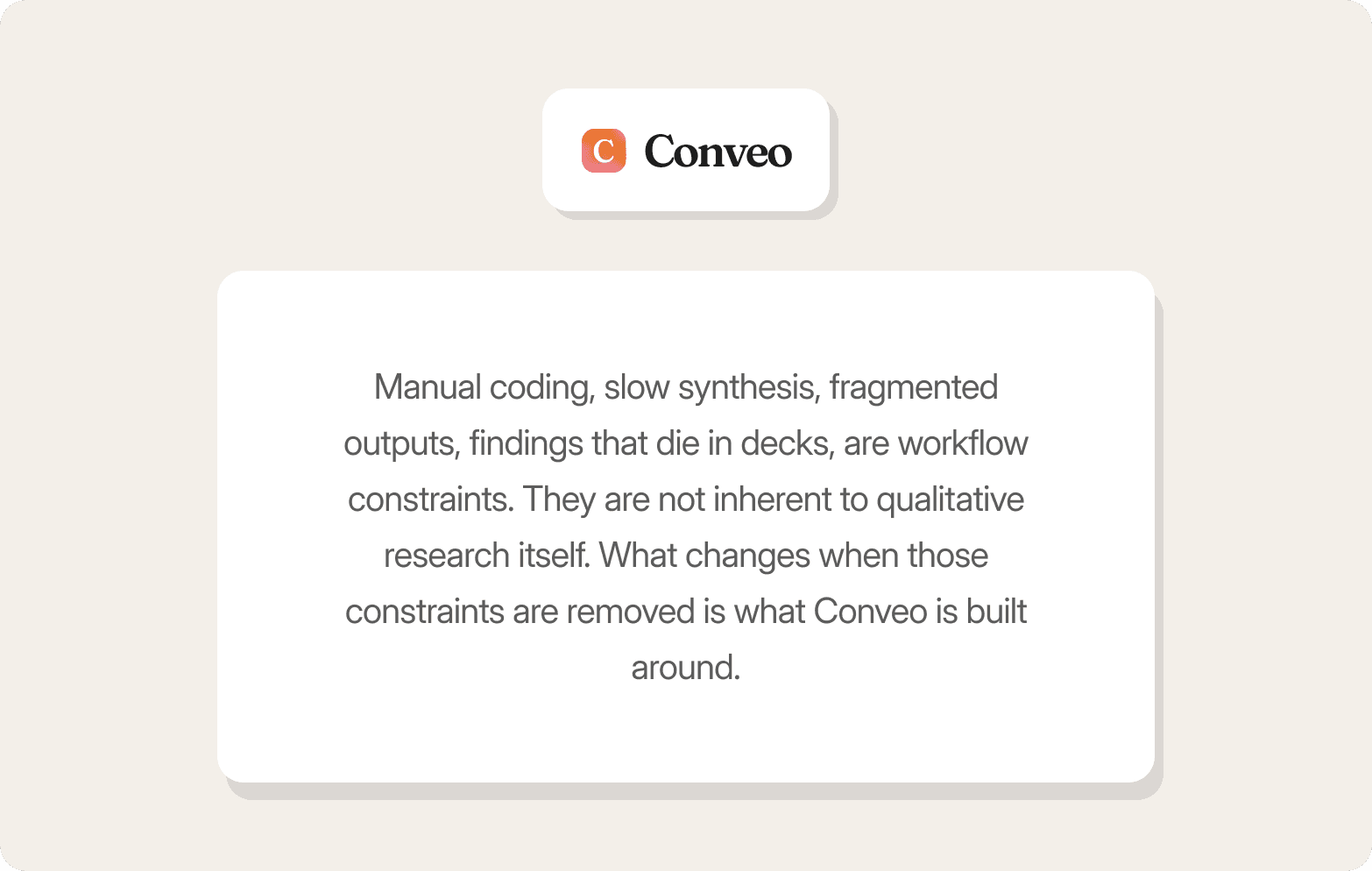 A promotional graphic on a warm off-white background featuring the Conveo logo — a gradient orange-to-pink app icon alongside the bold wordmark "Conveo" — in a small white rounded card at the top. Below sits a larger white rounded-rectangle panel with centred dark grey text reading: "Manual coding, slow synthesis, fragmented outputs, findings that die in decks, are workflow constraints. They are not inherent to qualitative research itself. What changes when those constraints are removed is what Conveo is built around."