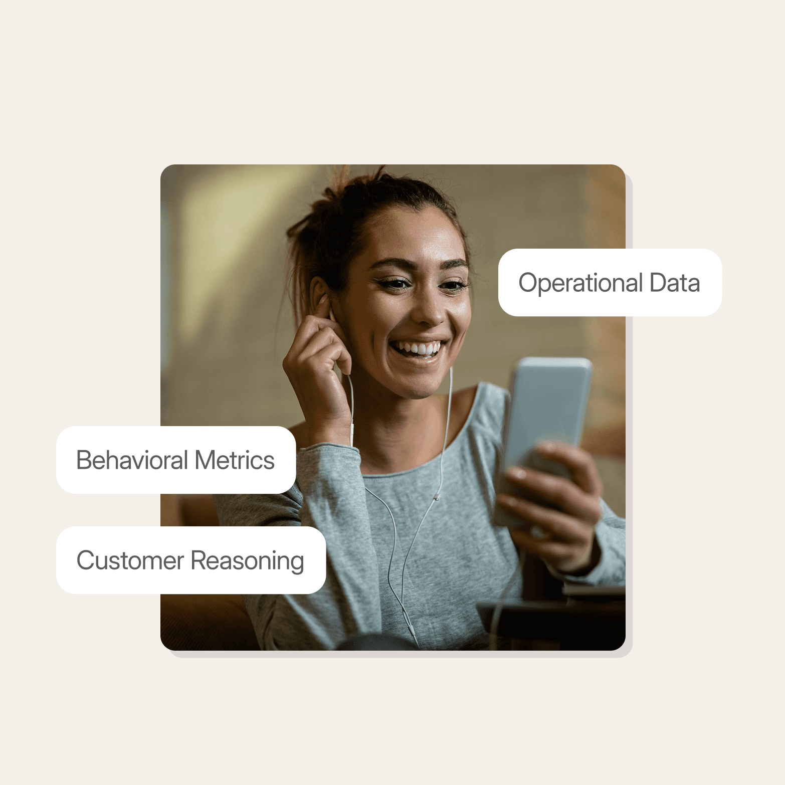 "Woman smiling while putting in an earbud and holding a phone, with three floating labels reading Operational Data, Behavioral Metrics, and Customer Reasoni