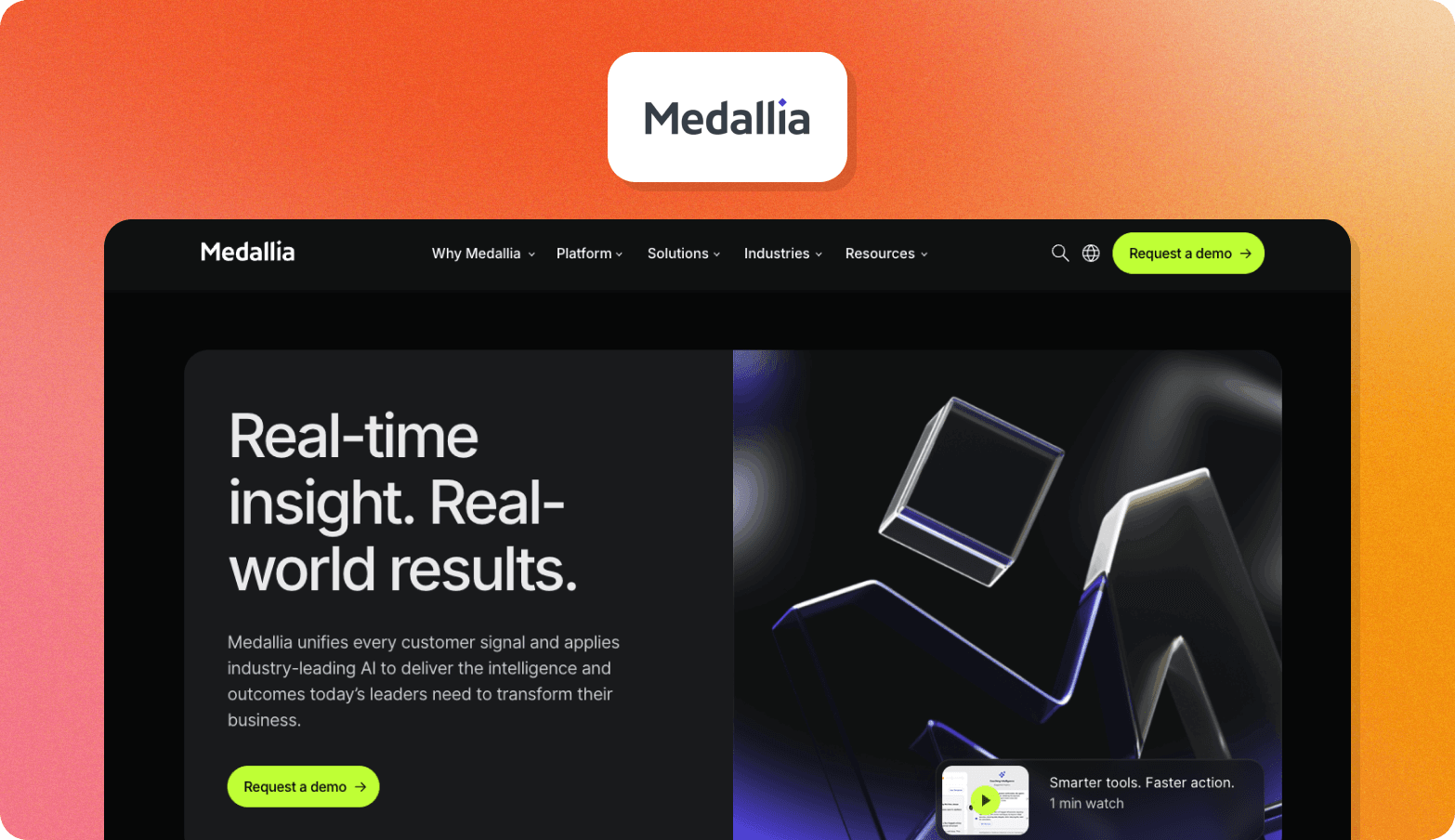 Screenshot of the Medallia website homepage on a dark background with the headline "Real-time insight. Real-world results," showing an abstract 3D geometric graphic.