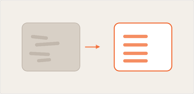 Icon showing a gray card with jumbled lines transforming into a white card with neatly aligned orange lines, connected by an arrow.