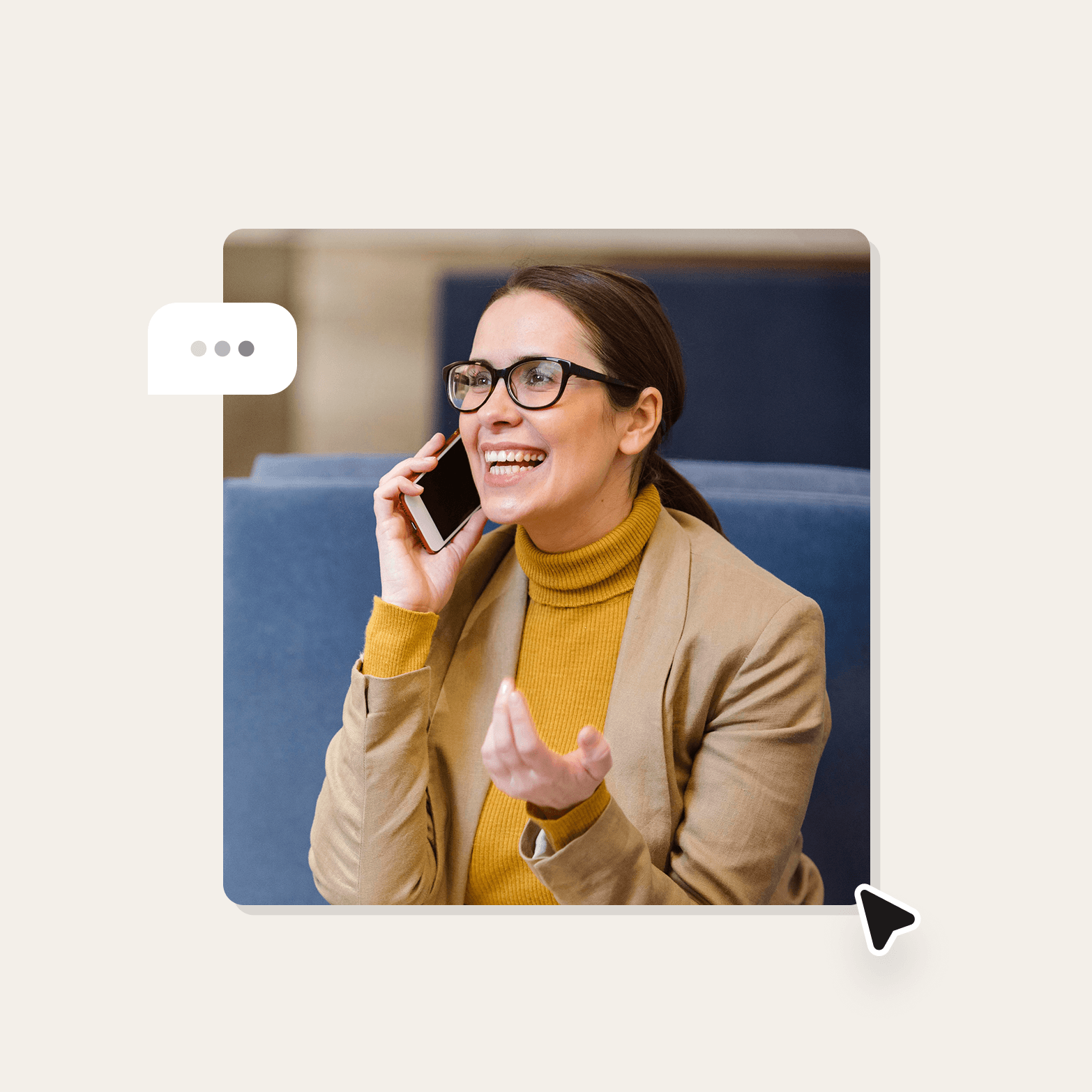 A smiling woman wearing glasses and a mustard yellow turtleneck talking on her phone, with a typing indicator chat bubble in the corner and a cursor icon, suggesting an AI-moderated interview or conversation.