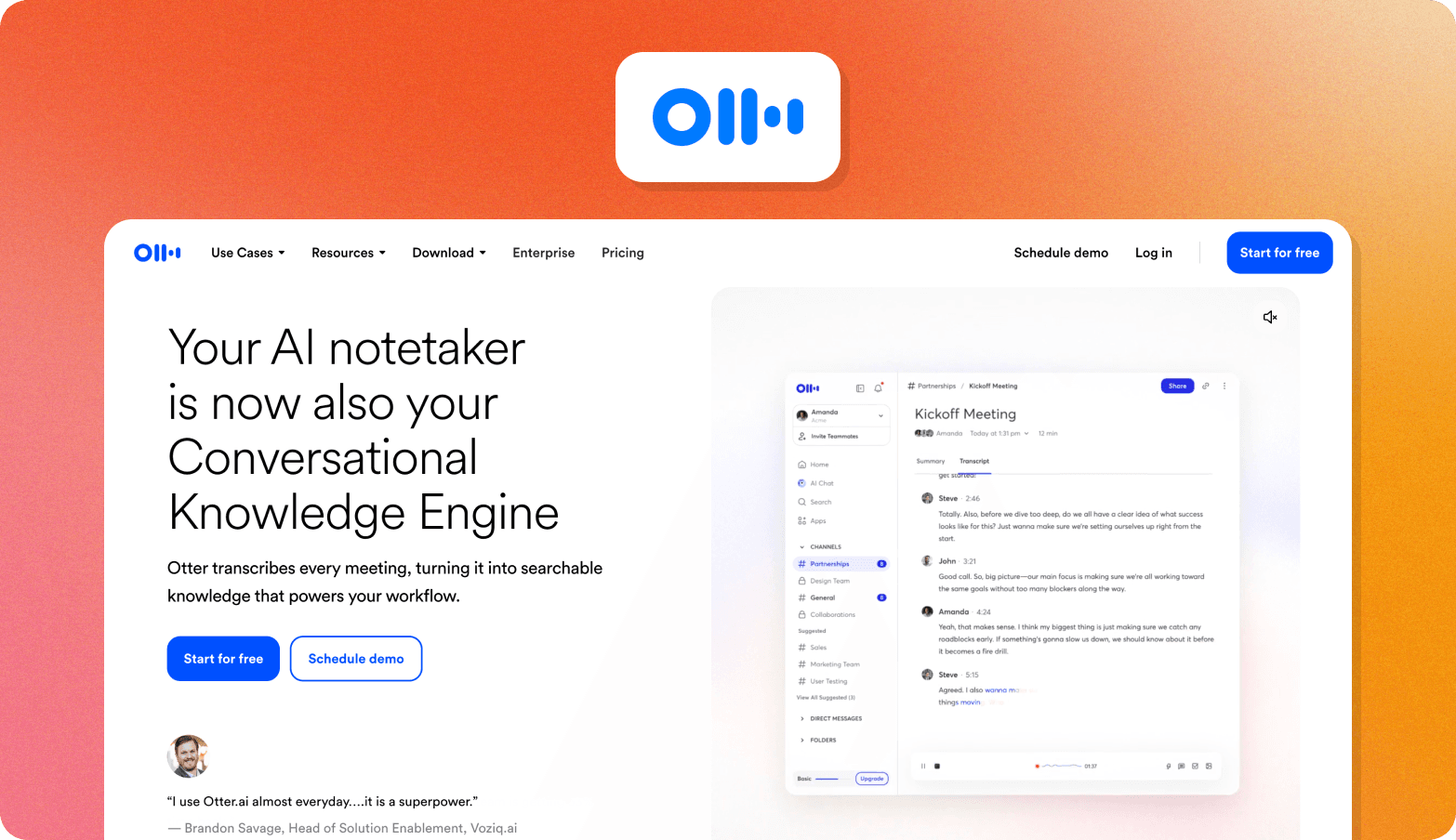 Otter.ai homepage with headline "Your AI notetaker is now also your Conversational Knowledge Engine" next to a screenshot of a meeting transcript interface and a customer testimonial quote.