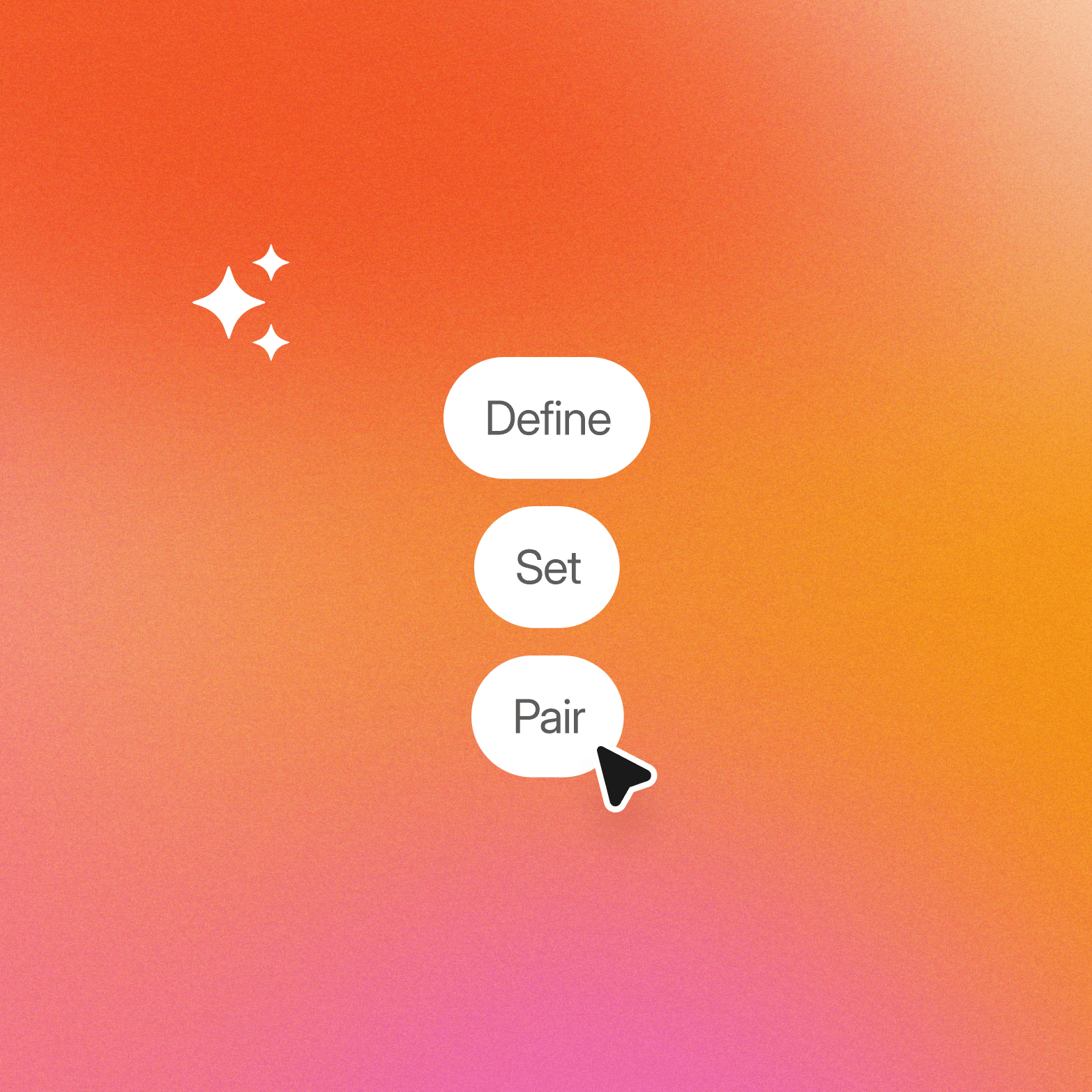 Alt text: "Illustration of three overlapping speech bubbles reading Define, Set, and Pair on an orange to pink gradient background, with a cursor clicking the Pair bubble"