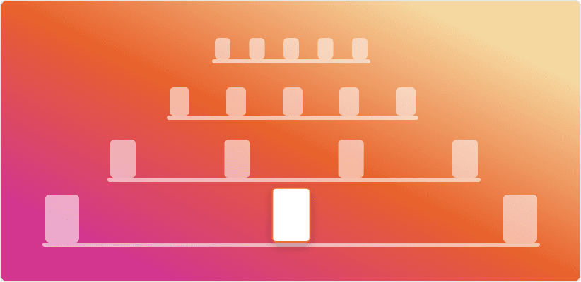 Abstract illustration of shelf rows holding colored bottle-shaped icons, with one item highlighted in white, on an orange-to-pink gradient.