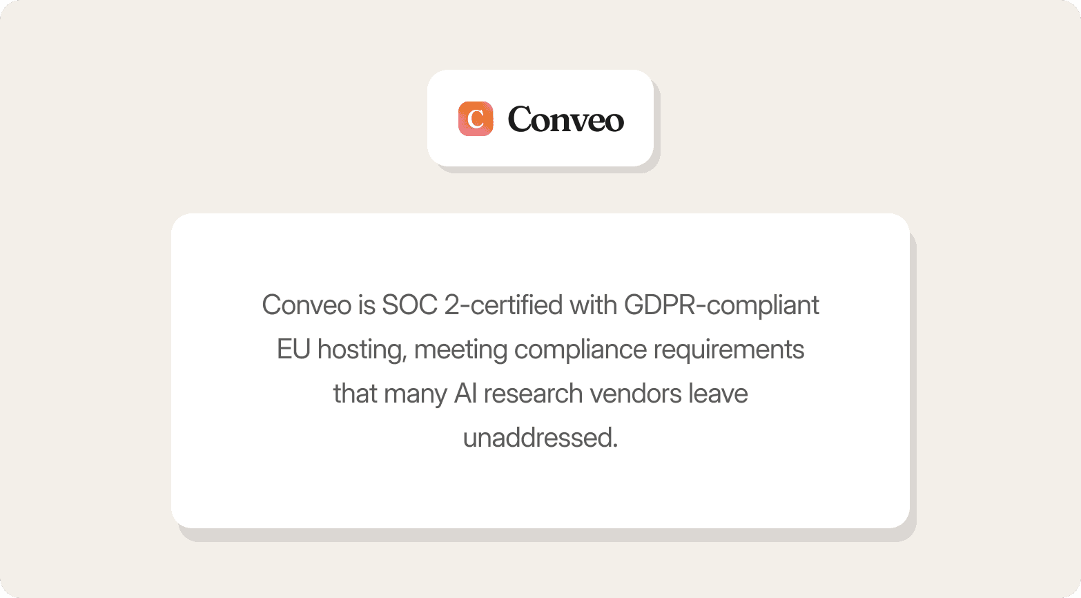 A branded Conveo graphic on a light cream background, showing the Conveo logo in a white card above a larger white rounded card stating that Conveo is SOC 2-certified with GDPR-compliant EU hosting, meeting compliance requirements that many AI research vendors leave unaddressed.