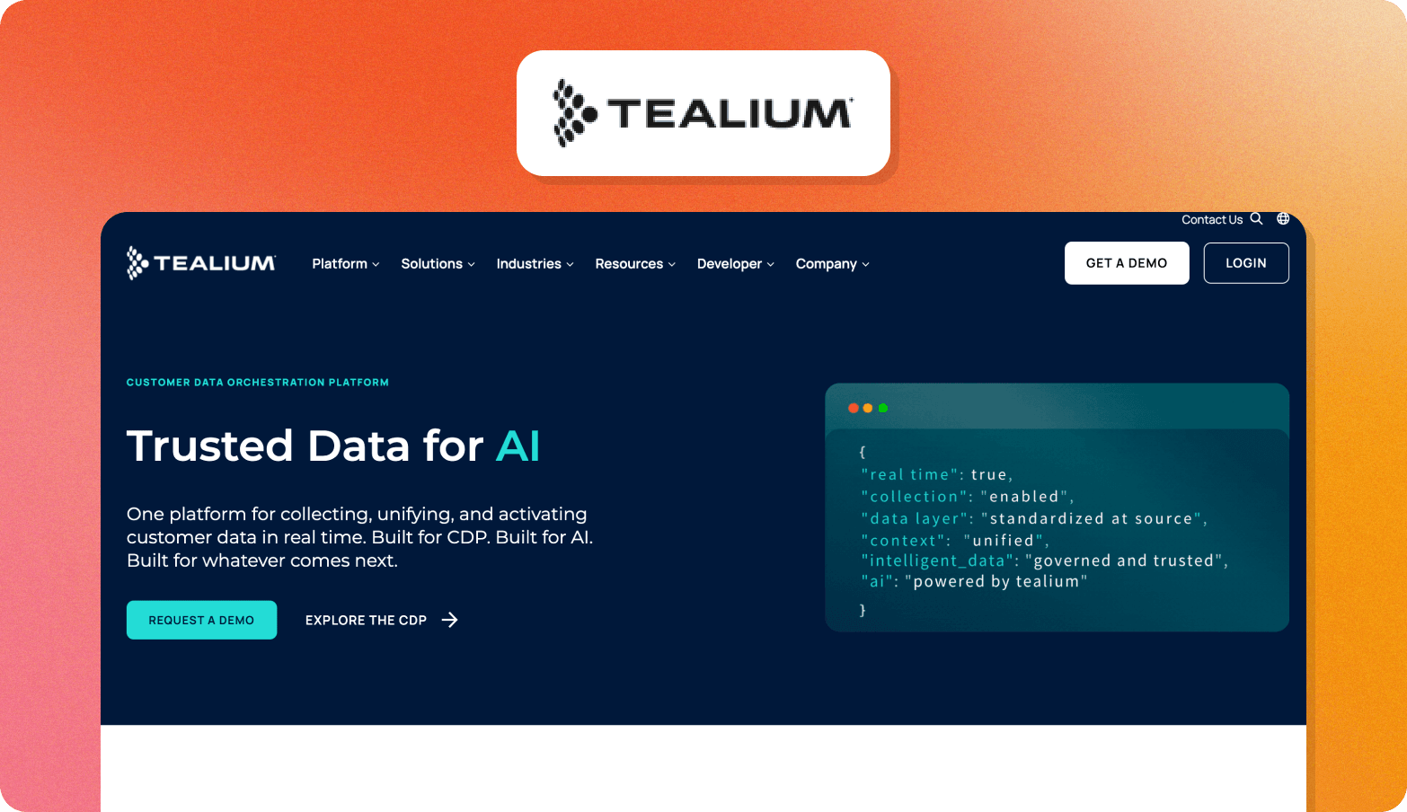 Tealium homepage with the headline "Trusted Data for AI," a dark navy layout with a code snippet panel on the right.