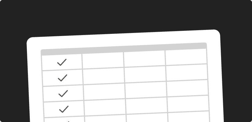 Tilted spreadsheet mockup on a dark background, showing rows with checkmarks in the first column.