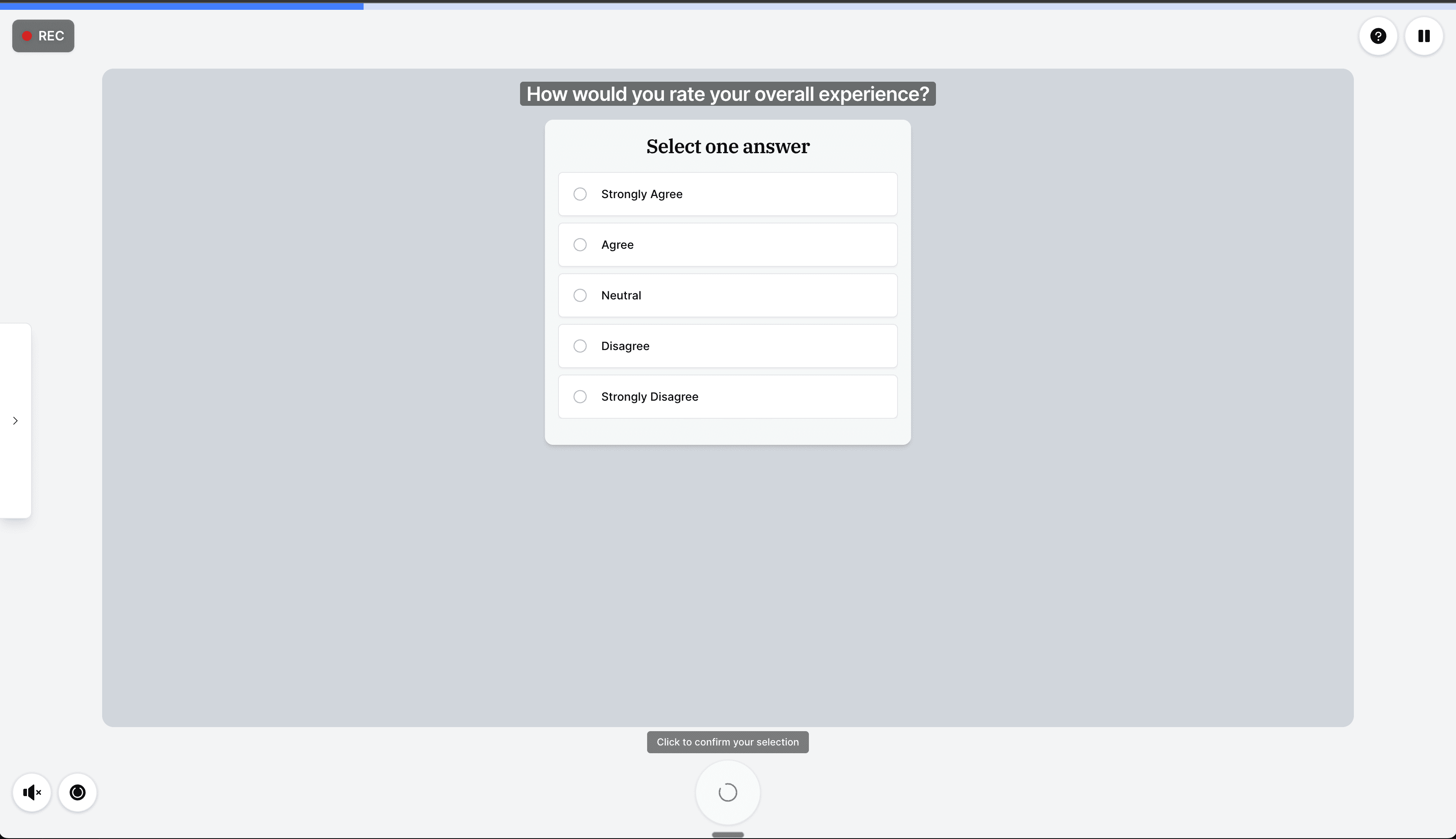 A single-select question in a Conveo interview, with five answer options from Strongly Agree to Strongly Disagree
