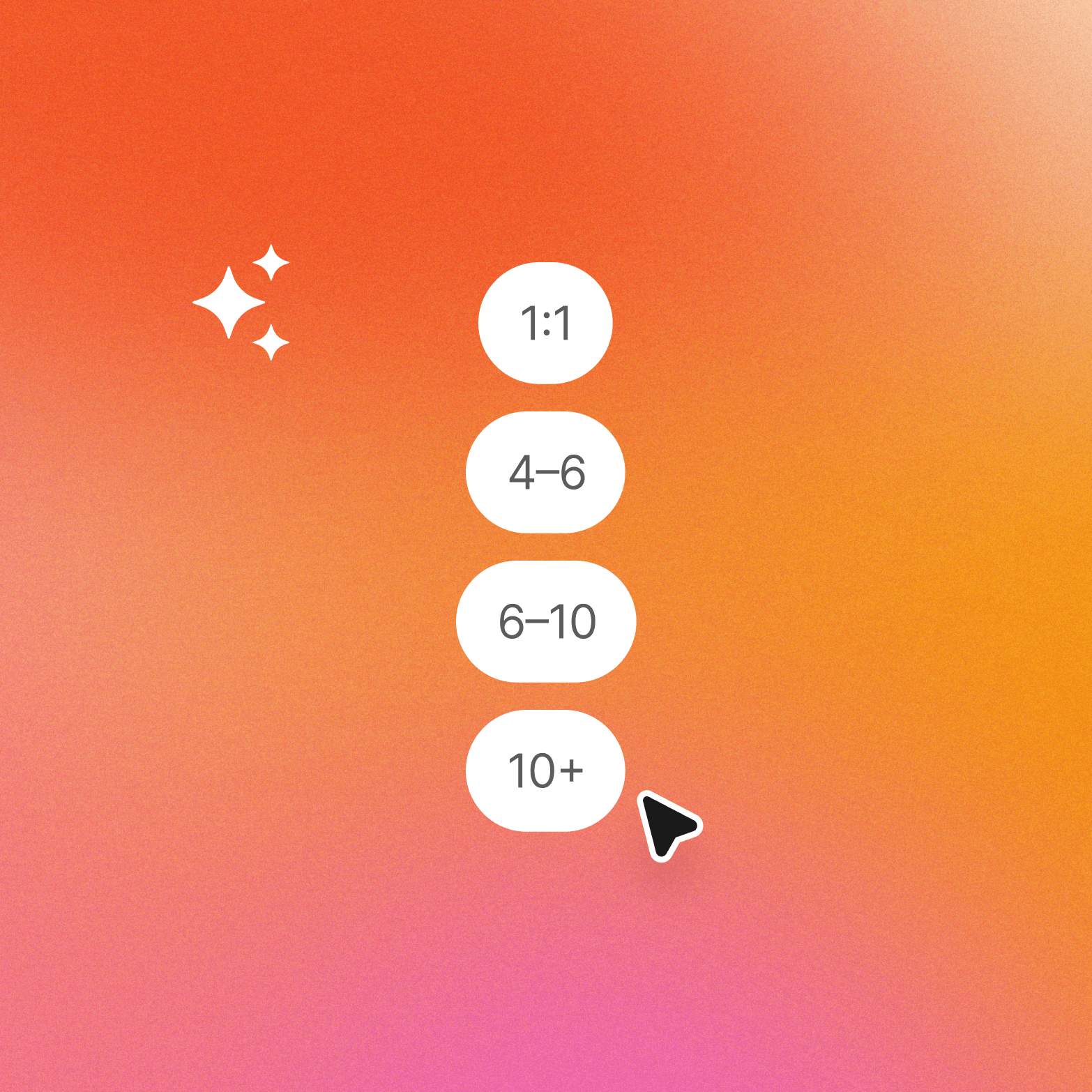 Four stacked oval labels reading "1:1," "4–6," "6–10," and "10+" on an orange-to-pink gradient background, with white sparkle icons at top left and a cursor pointing at the bottom label.
