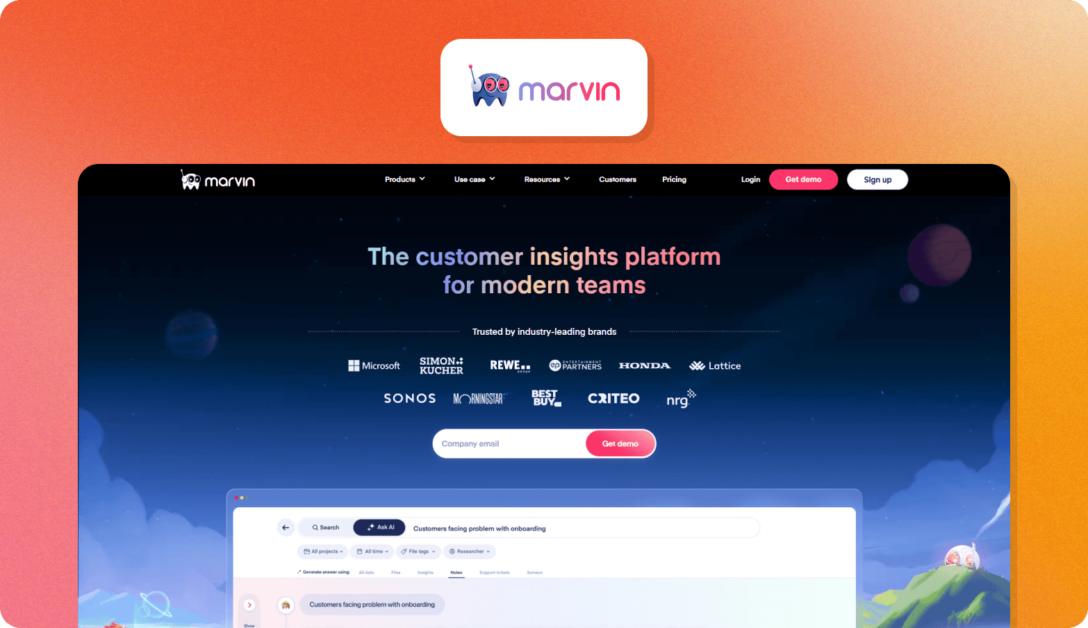 Screenshot of the Marvin homepage, headlined "The customer insights platform for modern teams," set against a dark space-themed illustrated background. Trusted brand logos include Microsoft, Simon-Kucher, REWE, Entertainment Partners, Honda, Lattice, Sonos, Morningstar, Best Buy, Criteo, and NRG. A product UI preview at the bottom shows an AI-powered search interface with the query "Customers facing problem with onboarding," with options to generate answers from data, files, insights, notes, support tickets, and surveys. The Marvin logo — a colorful cartoon robot character — appears above the browser screenshot on an orange gradient background.