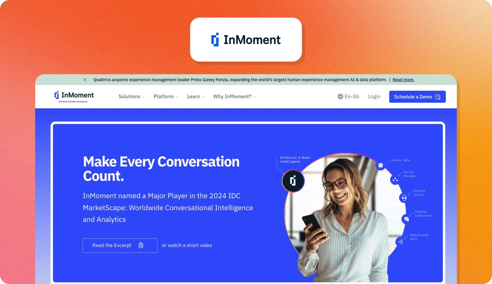 Screenshot of the InMoment website homepage with the headline "Make Every Conversation Count," showing a photo of a woman using a smartphone surrounded by data connection icons.