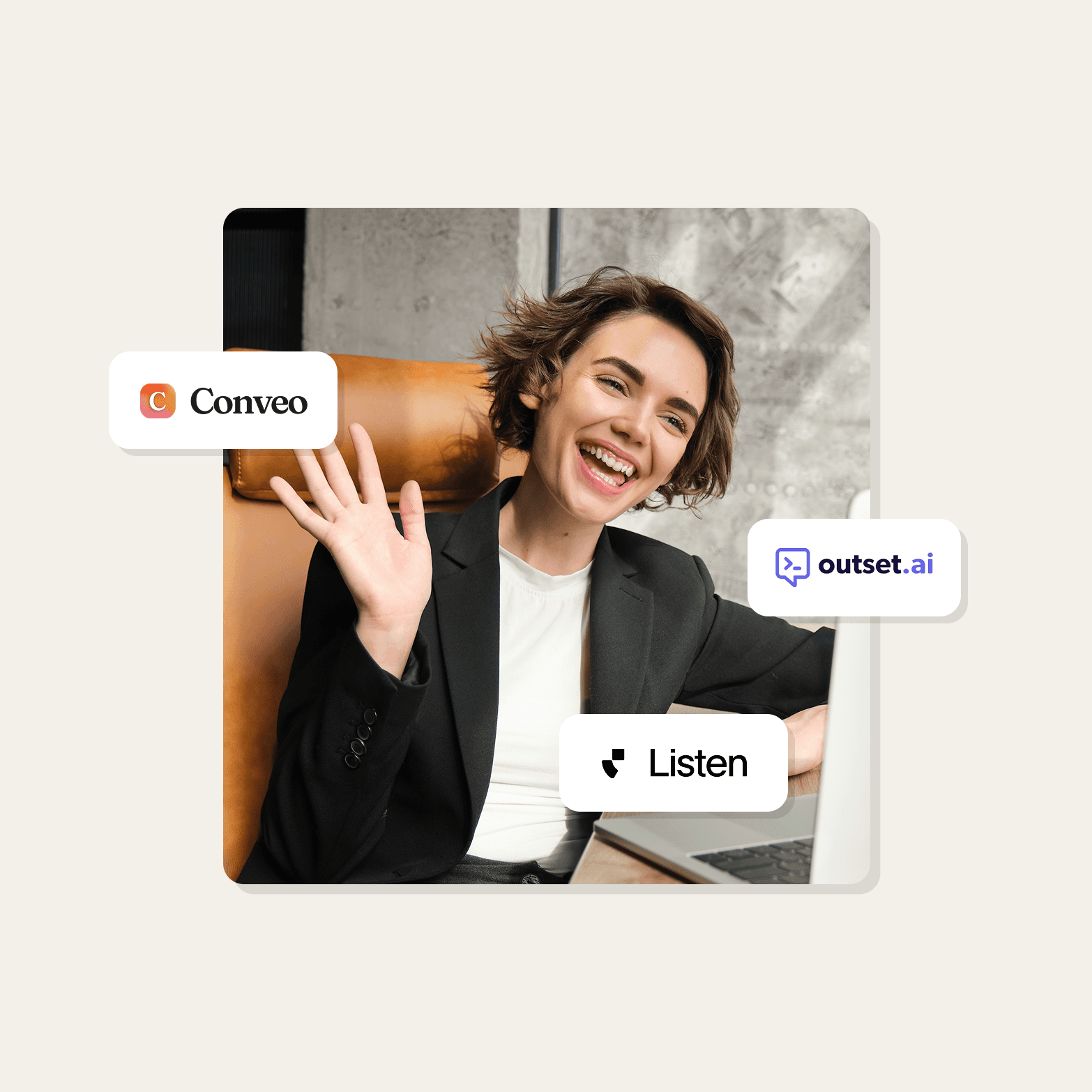 Woman in a black blazer laughing and waving while sitting in an office chair near a laptop, with white logo cards for Conveo, outset.ai, and Listen overlaid.