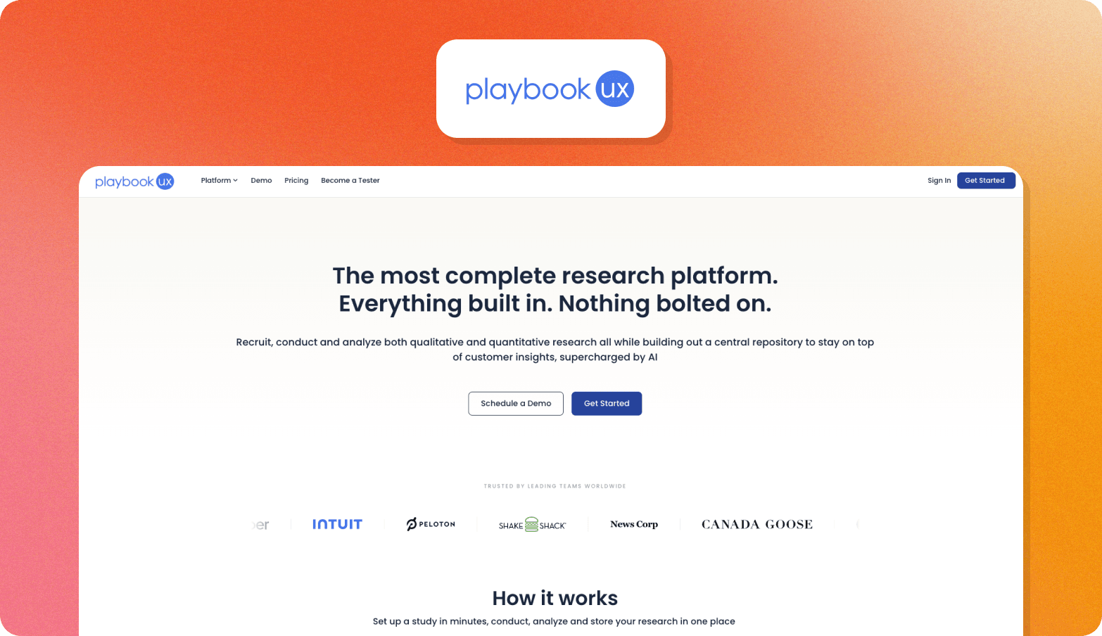 Screenshot of the playbookUX website homepage with the headline "The most complete research platform. Everything built in. Nothing bolted on," showing client logos including Intuit, Peloton, Shake Shack, News Corp, and Canada Goose.