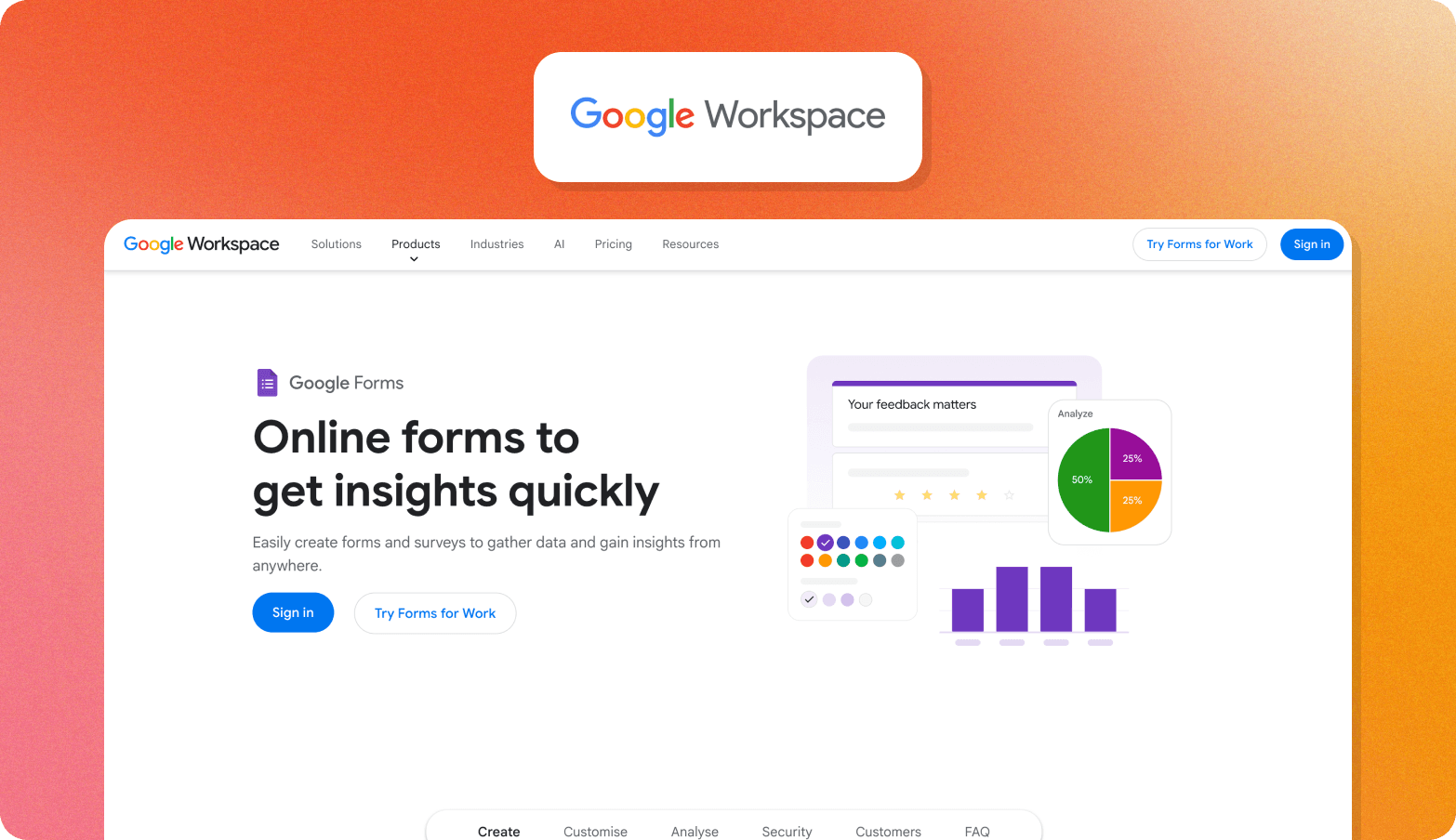 A product screenshot graphic on a warm orange-to-pink gradient background. At the top, a white rounded card displays the Google Workspace logo in its multicolour wordmark. Below, a screenshot of the Google Workspace website is shown, featuring a navigation bar with links for Solutions, Products, Industries, AI, Pricing, and Resources, plus "Try Forms for Work" and "Sign in" buttons. The hero section promotes Google Forms with the bold headline "Online forms to get insights quickly" and a short description paragraph, alongside "Sign in" and "Try Forms for Work" buttons. To the right, product UI illustrations show a feedback form with star ratings, a colour picker, a pie chart labelled "Analyze" showing 50%/25%/25% segments, and a purple bar chart. A tab bar showing Create, Customise, Analyse, Security, Customers, and FAQ is partially visible at the bottom.