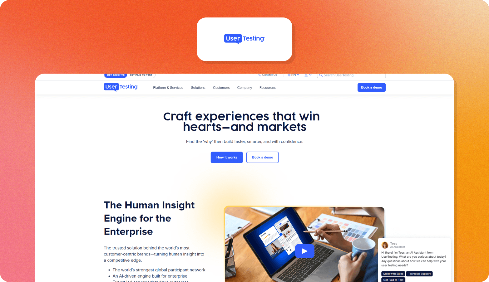 UserTesting homepage with the headline "Craft experiences that win hearts—and markets," featuring a video thumbnail and an AI assistant chat widget.