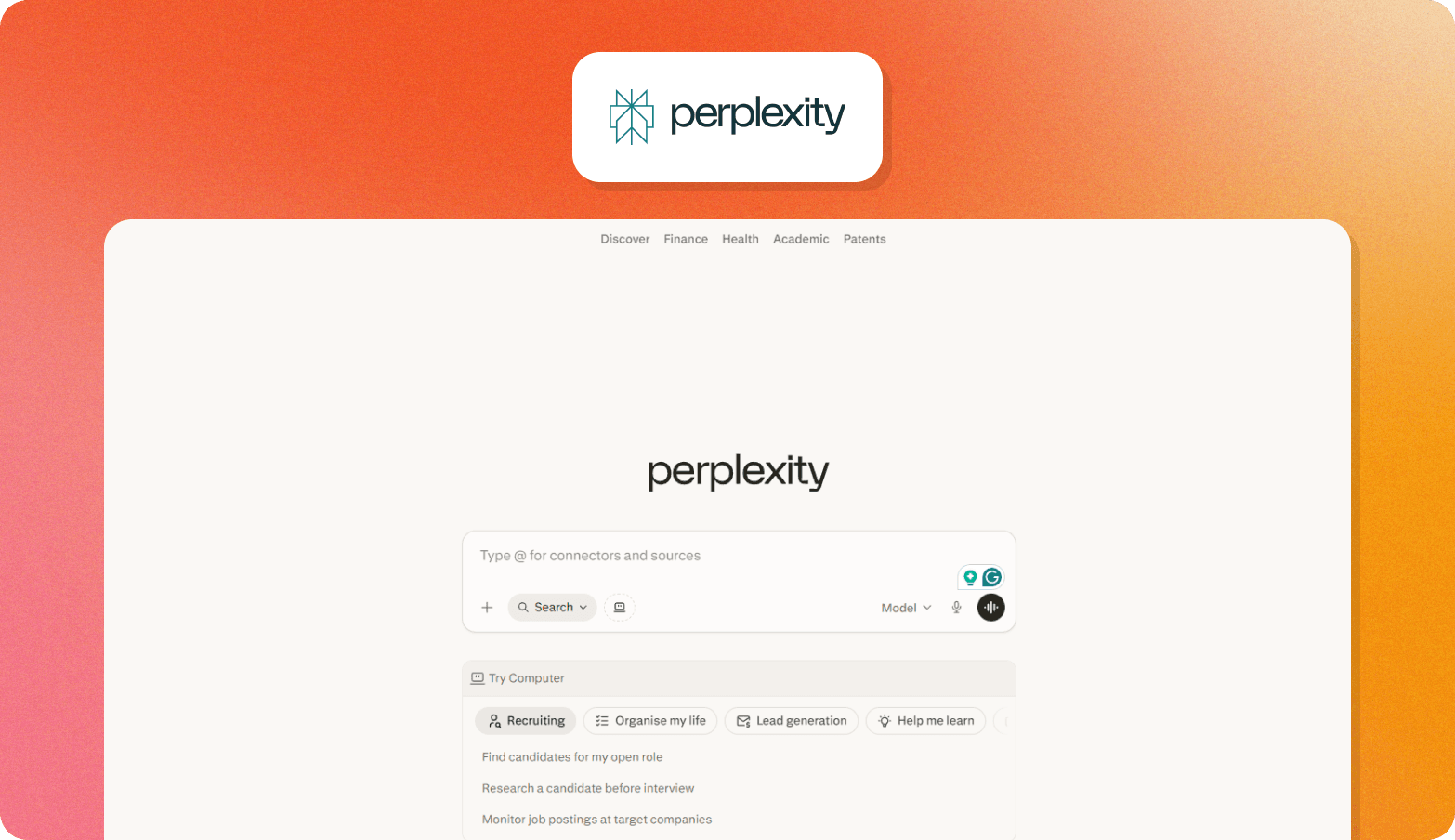 The Perplexity logo above a screenshot of the Perplexity interface on an orange gradient background, showing a search input field with shortcut buttons for Recruiting, Organise my life, Lead generation, and Help me learn.