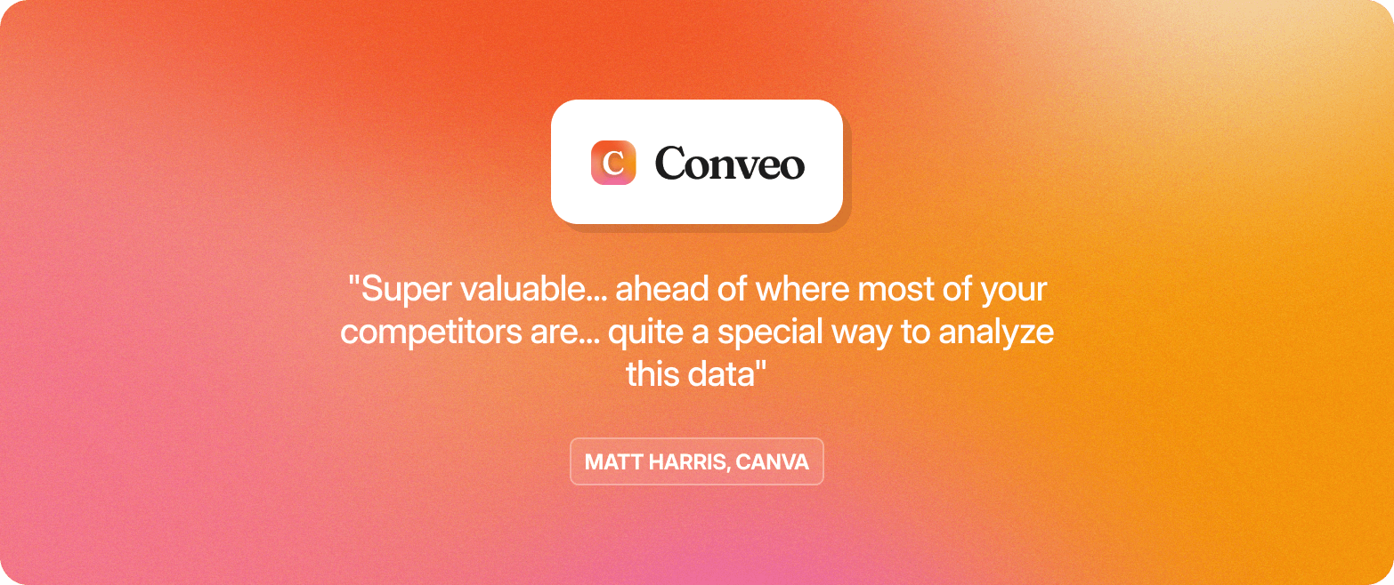 "Conveo logo above a customer quote from Matt Harris of Canva describing the platform as valuable and ahead of where most competitors are"