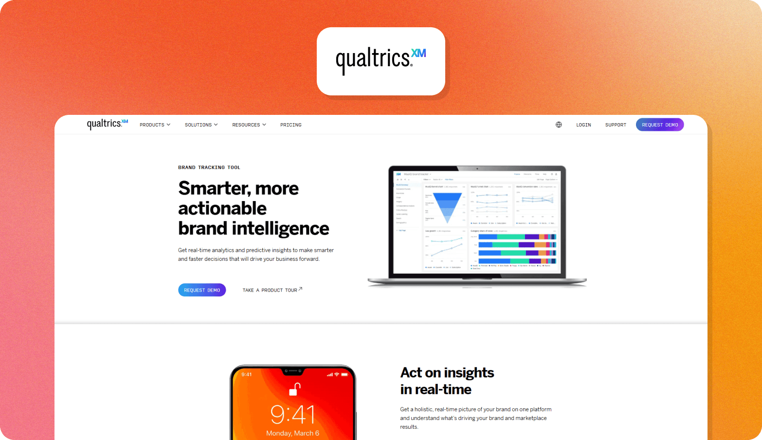 Qualtrics brand tracking tool landing page showing headline "Smarter, more actionable brand intelligence" with a laptop displaying dashboard charts and a phone showing a lock screen.