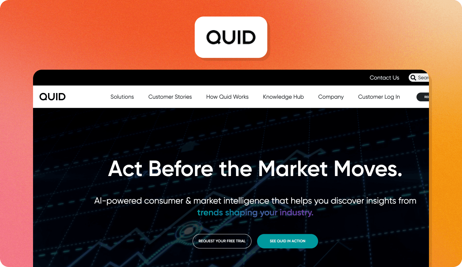 QUID homepage with the headline "Act Before the Market Moves," a dark background with a stock-chart-style line graphic.