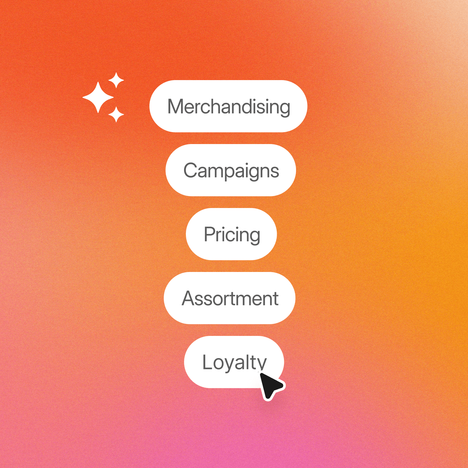 Five stacked pill-shaped labels reading "Merchandising," "Campaigns," "Pricing," "Assortment," and "Loyalty" on an orange-to-pink gradient background, with sparkle icons at top left and a cursor pointing at the bottom label.