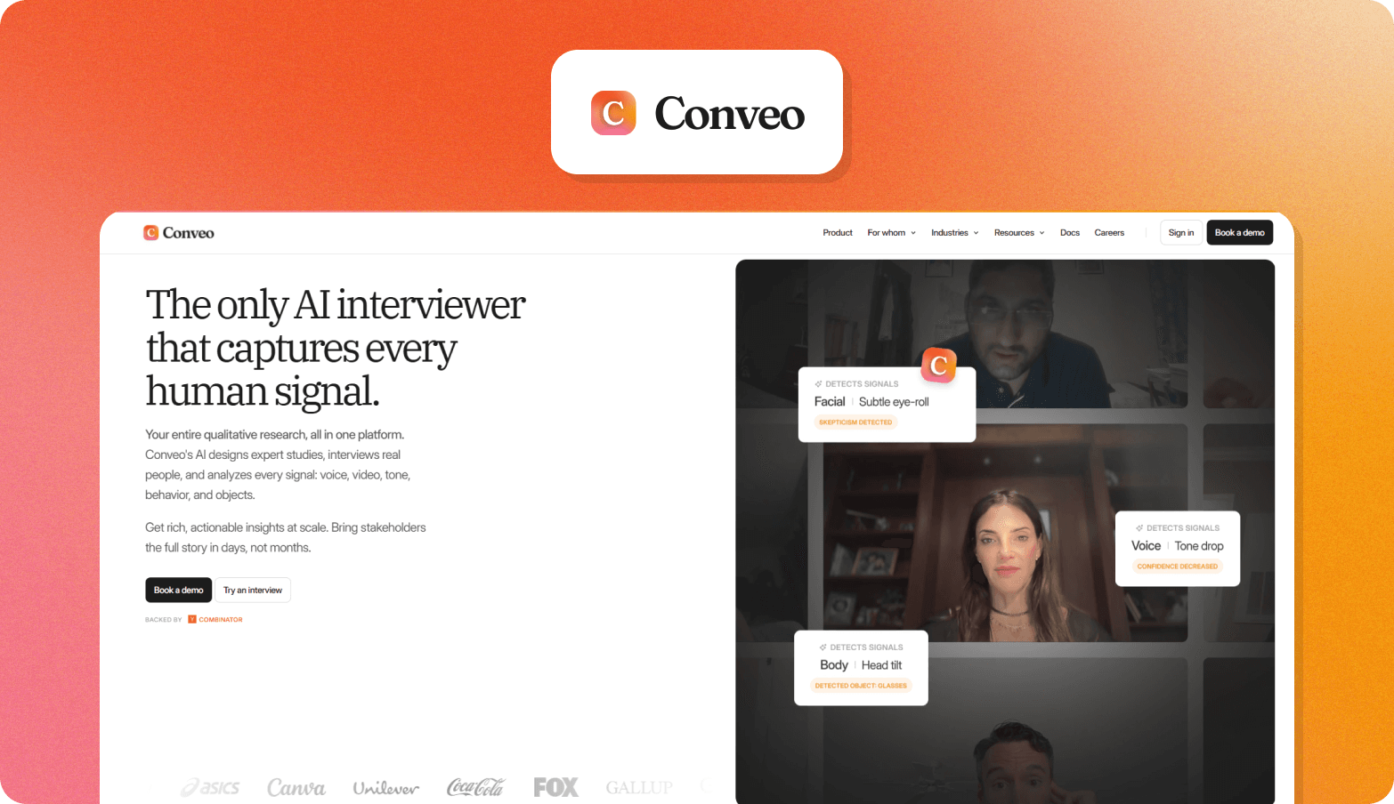 Screenshot of the Conveo website homepage, featuring the headline "The only AI interviewer that captures every human signal." The page shows a grid of video interview participants with AI-detected signal labels overlaid, including Facial (subtle eye-roll), Voice (tone drop), and Body (head tilt). The Conveo logo — an orange "C" icon — appears above the browser screenshot. Brand logos including ASICS, Canva, Unilever, Coca-Cola, and FOX are visible at the bottom.
