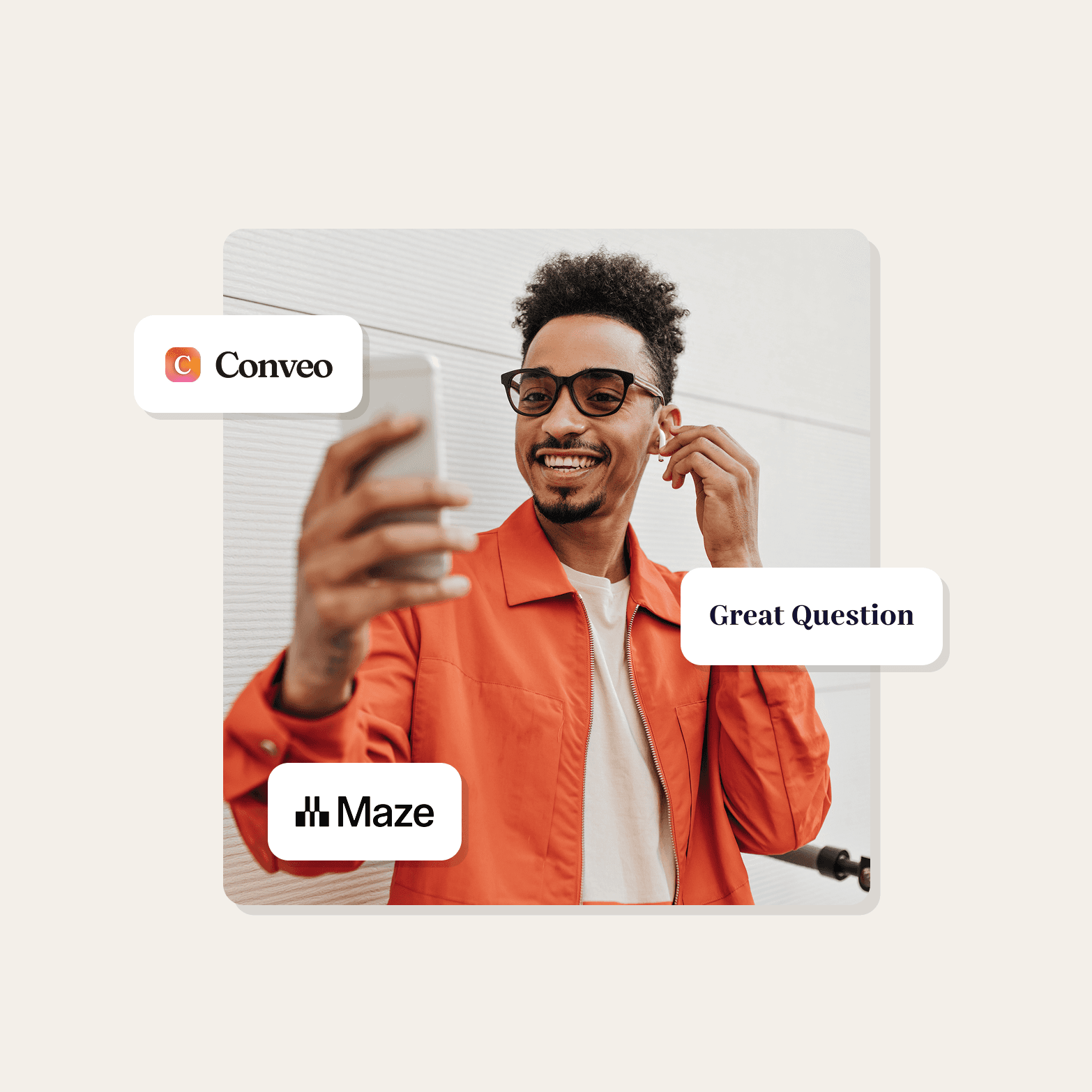 Man with curly hair, glasses, and an orange jacket smiling while taking a selfie and adjusting his earbud, with white logo cards for Conveo and Maze and a speech bubble reading "Great Question" overlaid.
