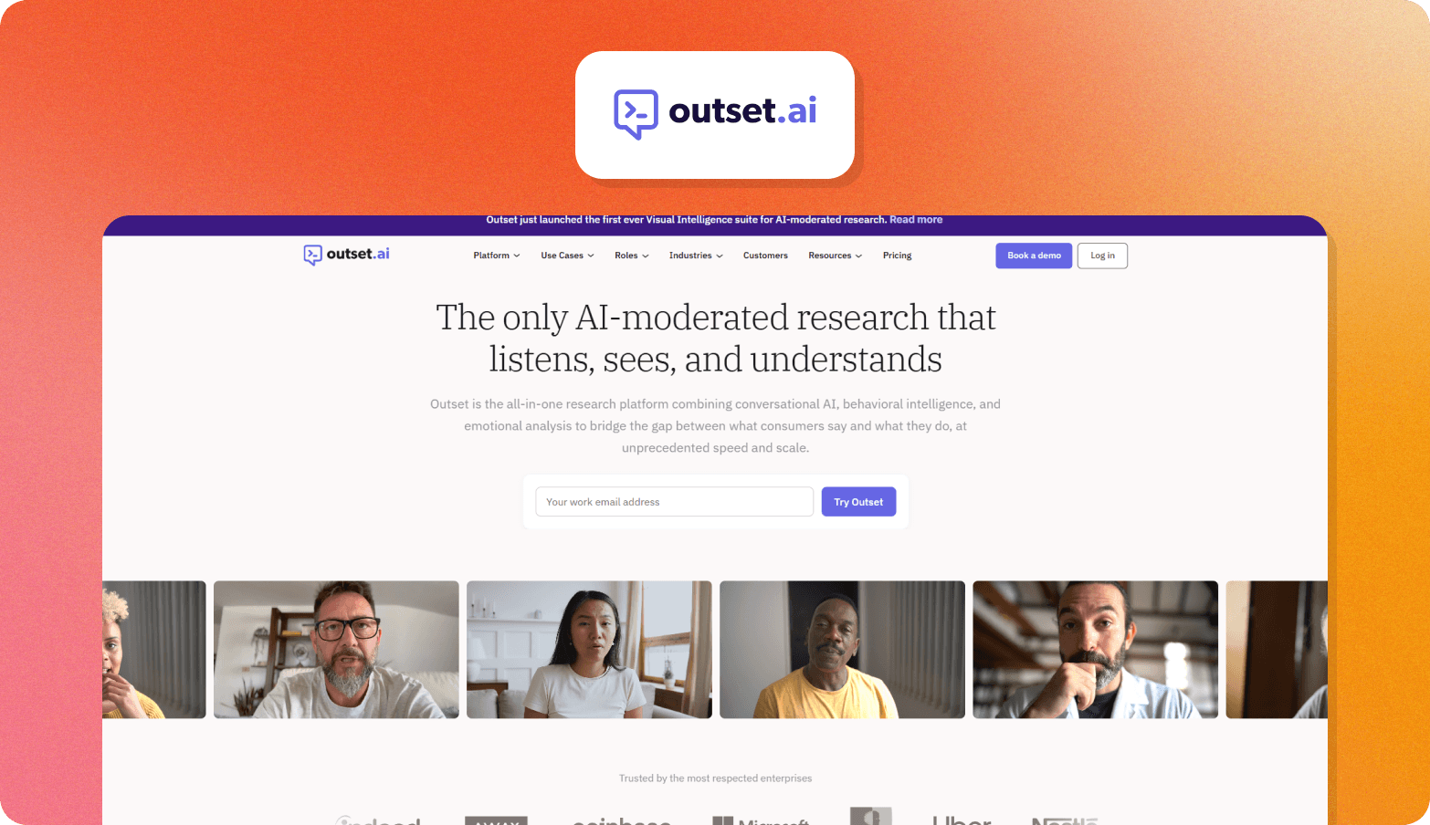 Outset.ai homepage with the headline "The only AI-moderated research that listens, sees, and understands," a work email signup field, a row of video interview thumbnails, and a banner announcing a new Visual Intelligence suite.