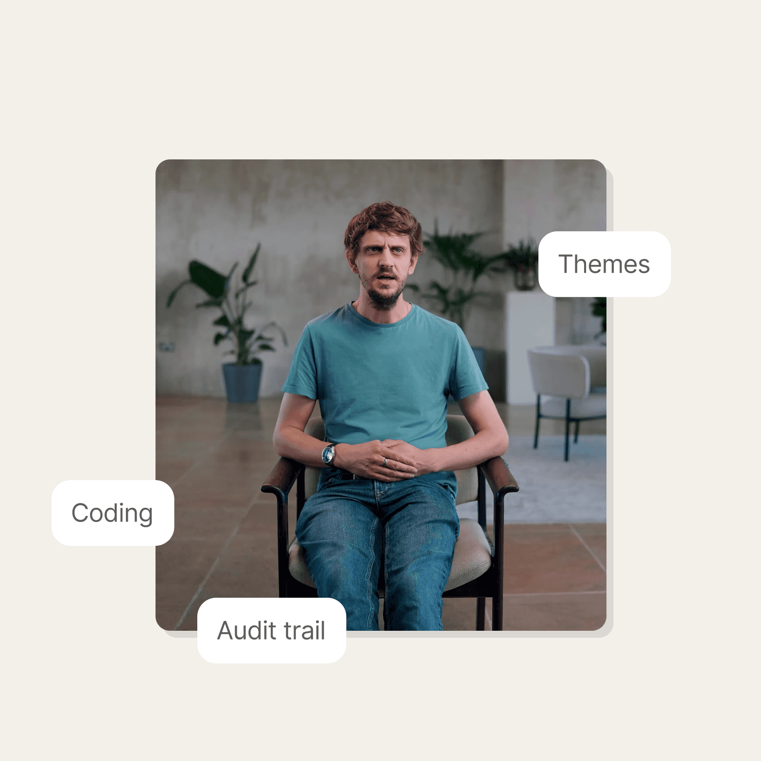 Photo of a man in a teal t-shirt and jeans sitting in an armchair mid-interview, with three white callout labels reading "Themes," "Coding," and "Audit trail" placed around the image on a cream background.