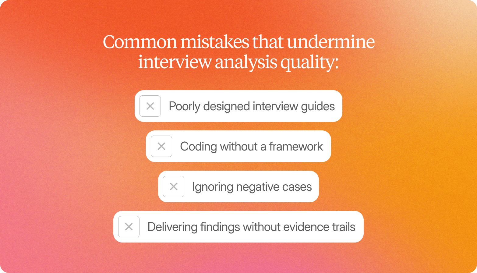 A list graphic on a warm orange-to-pink gradient background, headed "Common mistakes that undermine interview analysis quality:" in white serif text. Four white rounded-rectangle items are stacked vertically in a slightly staggered layout, each preceded by a small rounded square containing a grey × icon: "Poorly designed interview guides," "Coding without a framework," "Ignoring negative cases," and "Delivering findings without evidence trails."