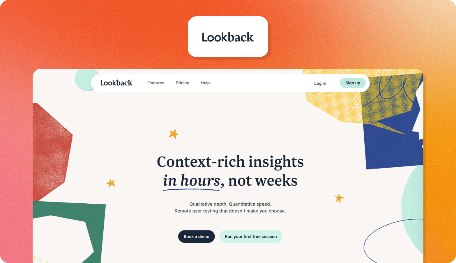 Screenshot of the Lookback website homepage with colorful abstract shapes and the headline "Context-rich insights in hours, not weeks."