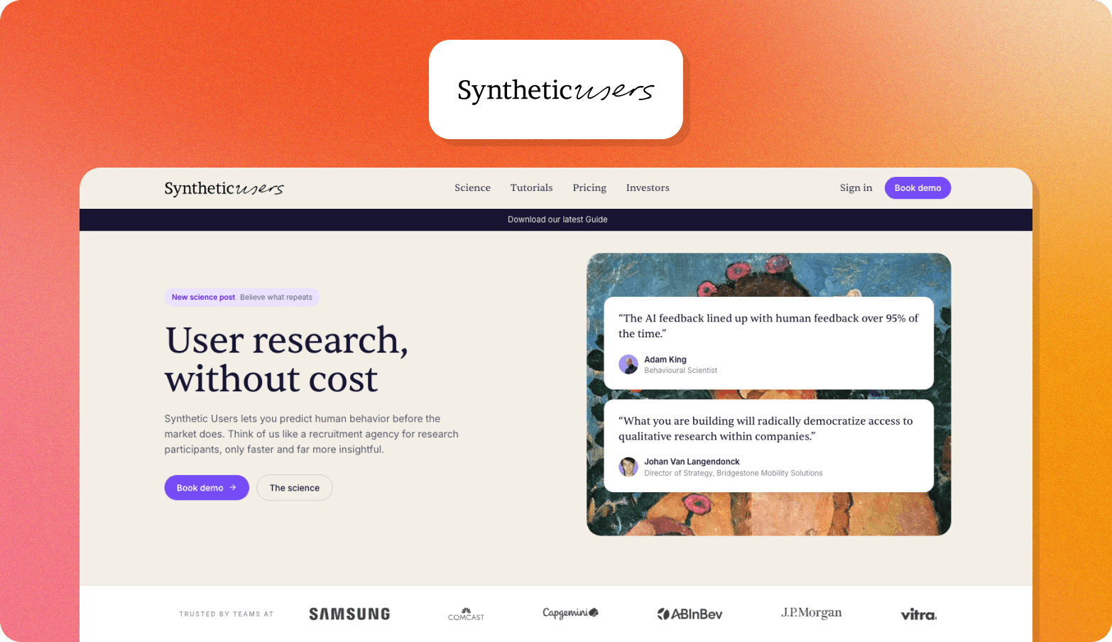 Syntheticusers homepage promoting AI-powered user research with the headline "User research, without cost," showing customer testimonials