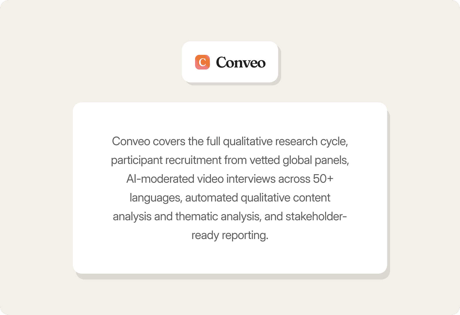 Conveo logo above a card that reads: "Conveo covers the full qualitative research cycle, participant recruitment from vetted global panels, AI-moderated video interviews across 50+ languages, automated qualitative content analysis and thematic analysis, and stakeholder-ready reporting."