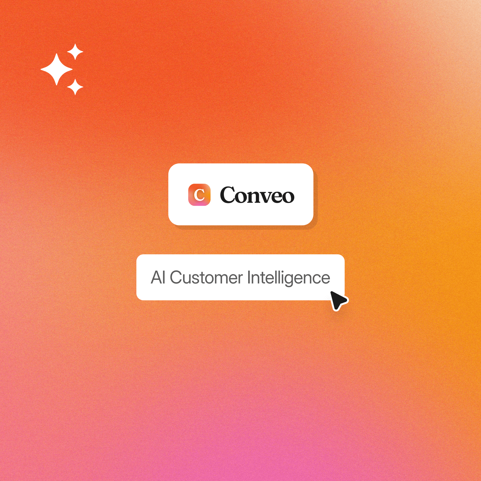 "Conveo logo above a label reading AI Customer Intelligence with a cursor click, on an orange to pink gradient background with white sparkle icons"