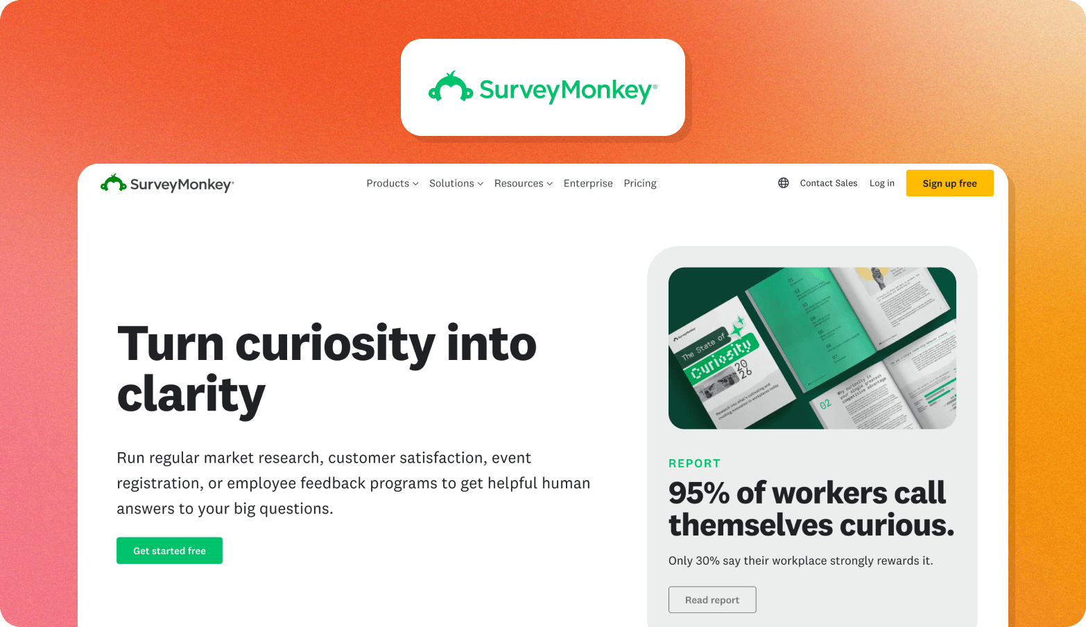 Screenshot of the SurveyMonkey website homepage with the headline "Turn curiosity into clarity," showing a preview of "The State of Curiosity 2026" report.