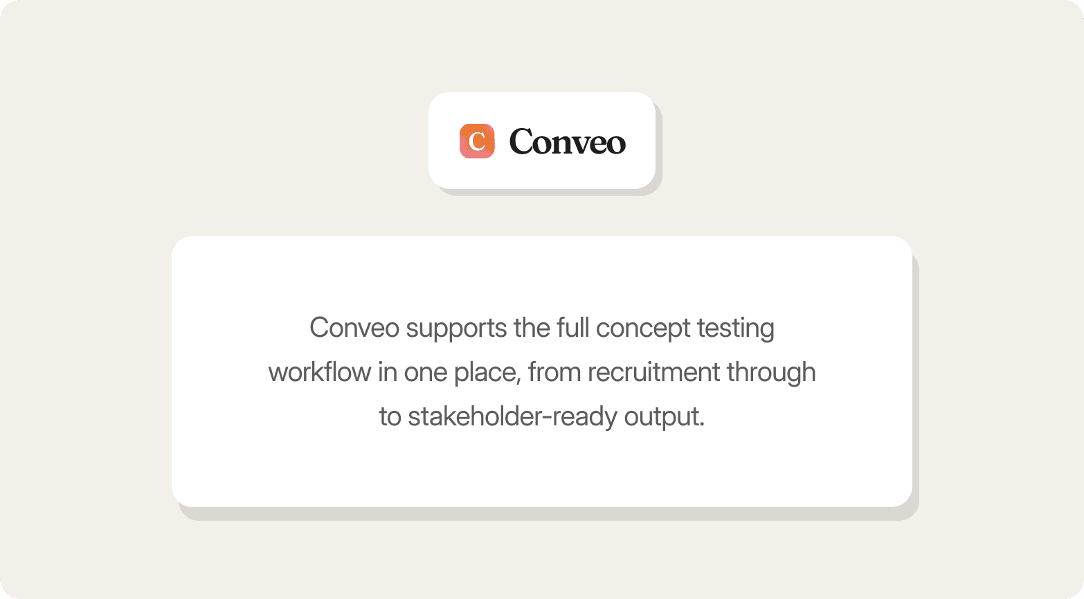 A promotional graphic on a warm off-white background featuring the Conveo logo — a gradient orange-to-pink app icon alongside the bold wordmark "Conveo" — in a small white rounded card at the top. Below sits a larger white rounded-rectangle panel with centred dark grey text reading: "Conveo supports the full concept testing workflow in one place, from recruitment through to stakeholder-ready output."