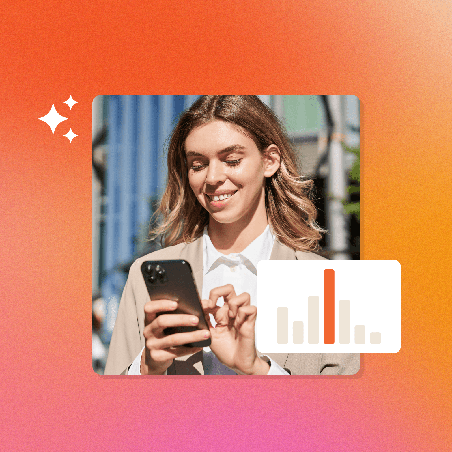 A smiling woman looking at her smartphone outdoors, overlaid on an orange-to-pink gradient background with white sparkle icons and a bar chart graphic, suggesting AI-powered consumer research insights.
