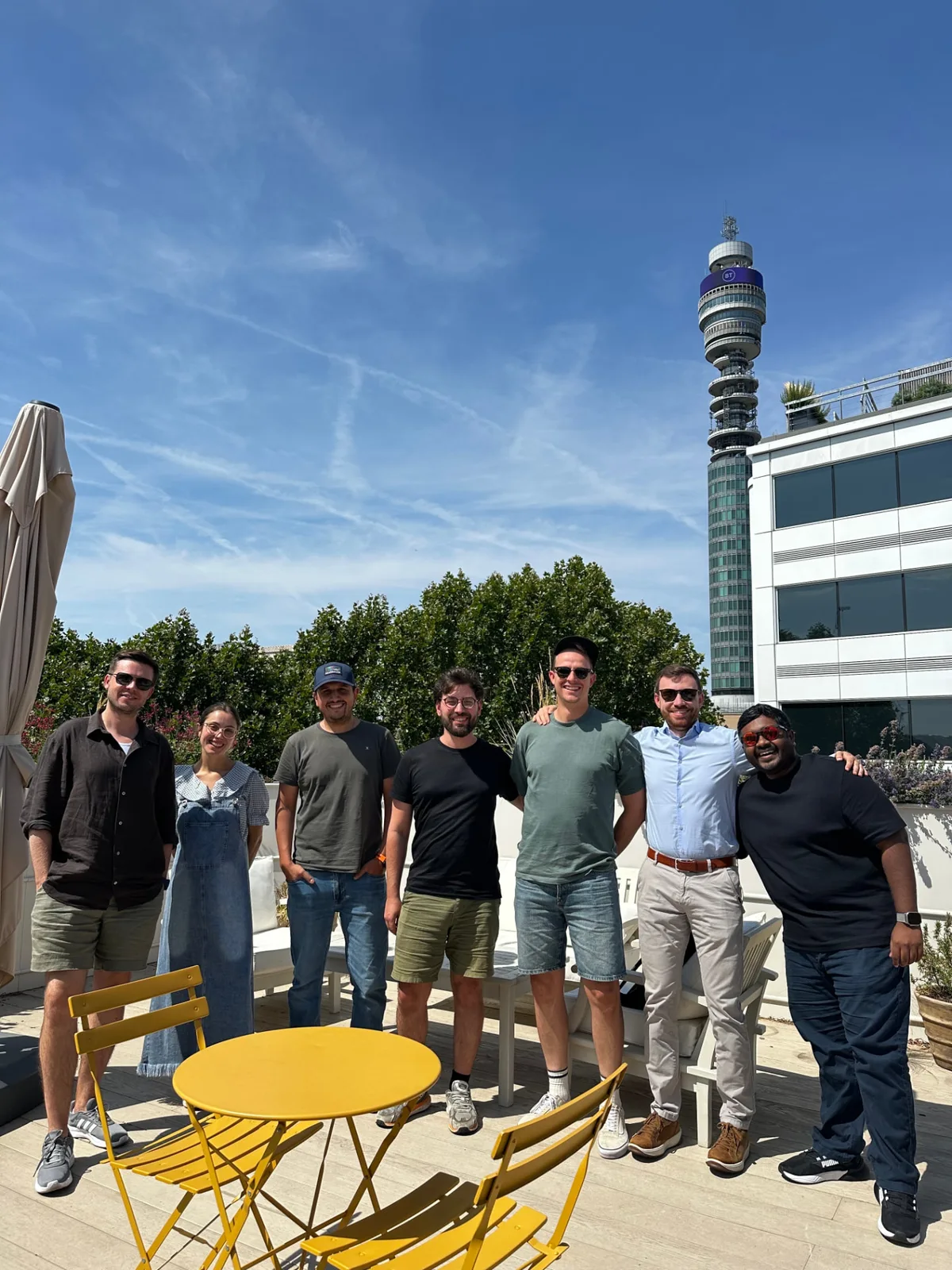 Conveo engineering team on a London rooftop with the BT Tower behind them