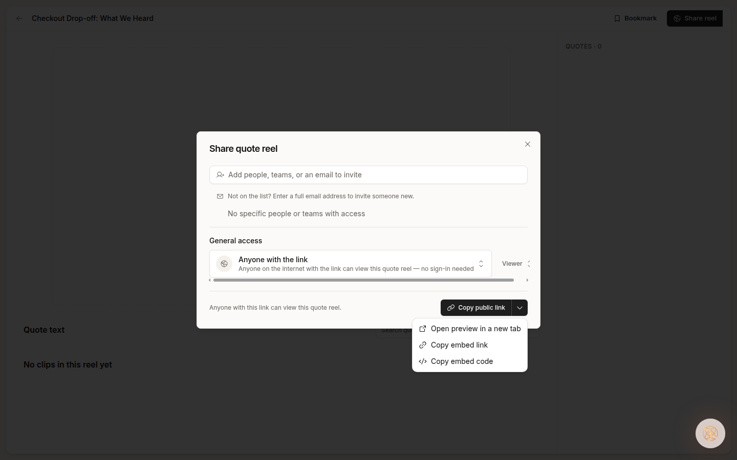The share sheet of a quote reel with the menu open on Copy embed link and Copy embed code