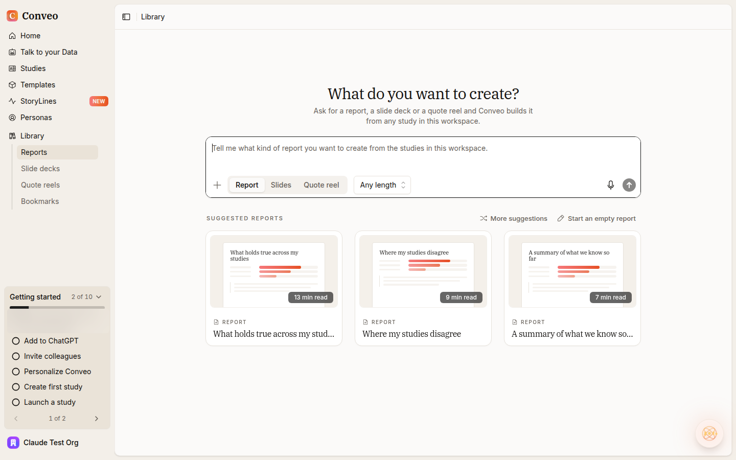 The Conveo library page with a Getting started card at the bottom of the sidebar showing 2 of 10 steps