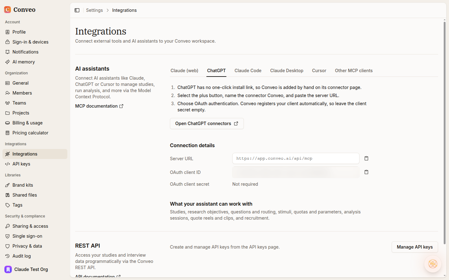 The Integrations page in Conveo settings with the ChatGPT tab open, showing the setup steps and the server URL
