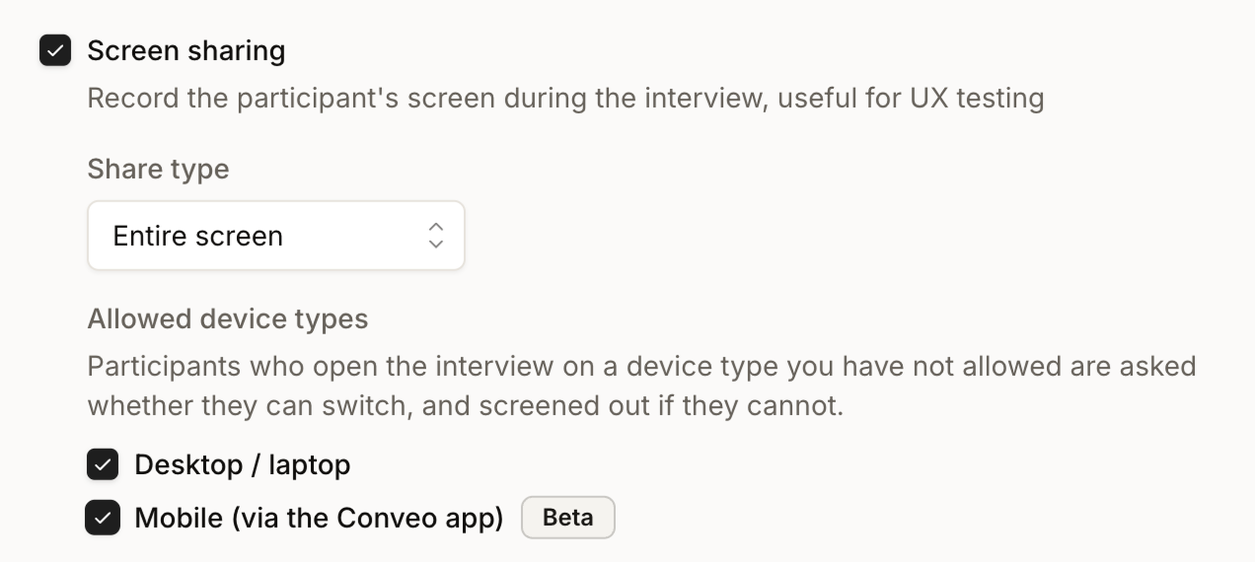 Advanced settings, Recording tab: Screen sharing is on with Share type Entire screen, and under Allowed device types both Desktop / laptop and Mobile (via the Conveo app), marked Beta, are ticked