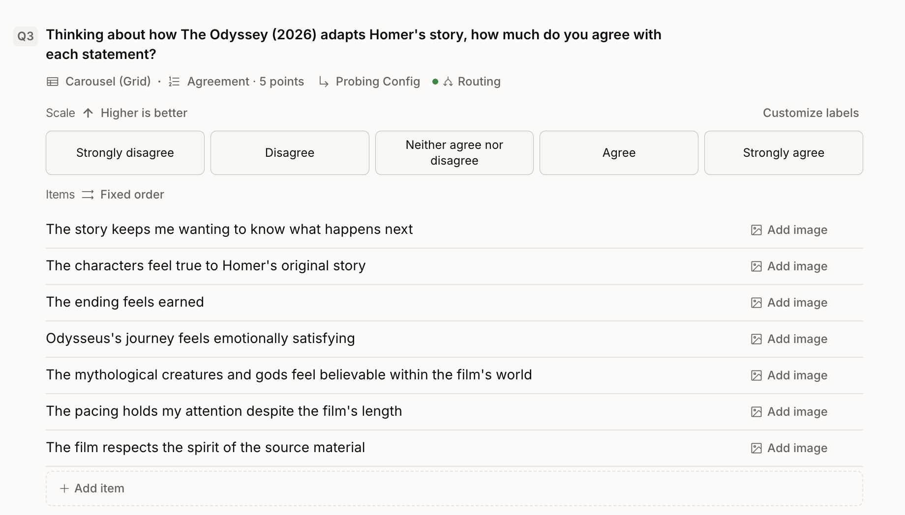 The Carousel (Grid) question in the topic guide: an Agreement scale with five points, higher is better, and seven statements about a film