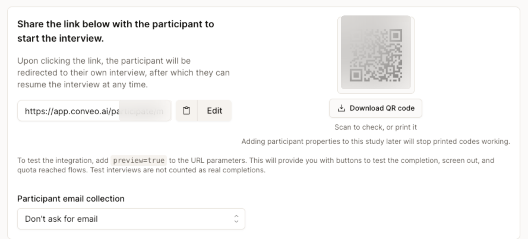 The Share a link panel with the participant link on the left and a QR code with a Download QR code button on the right