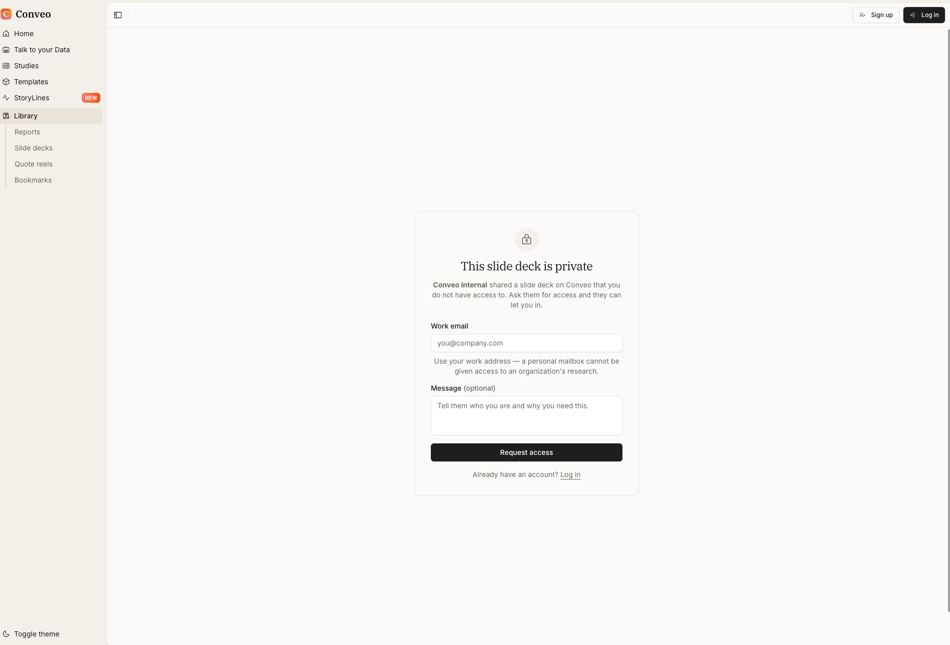A request access screen reading This slide deck is private, with a work email field, an optional message and a Request access button