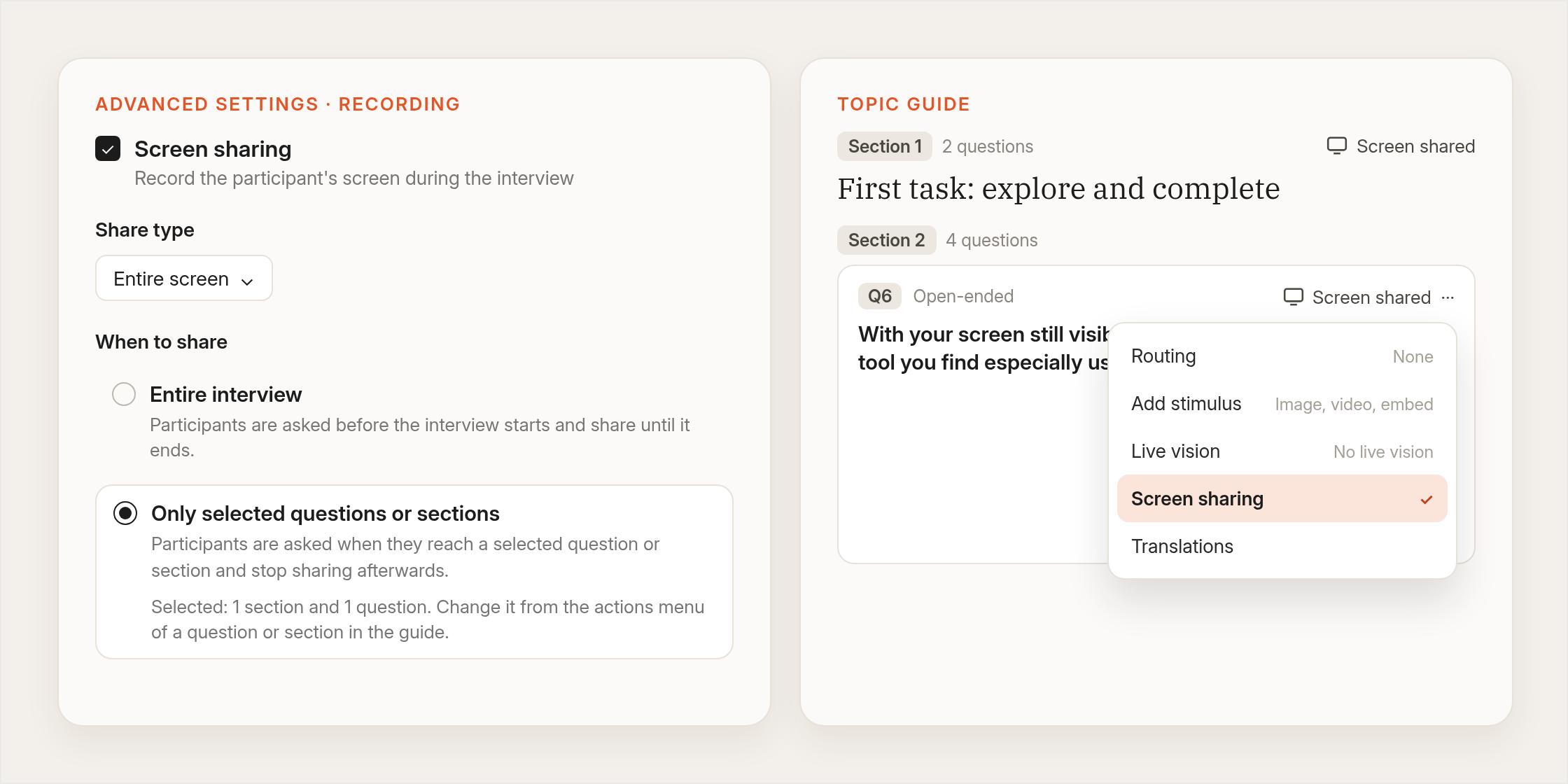 Advanced settings with When to share set to Only selected questions or sections, next to a topic guide where a section and one question carry a Screen shared tag