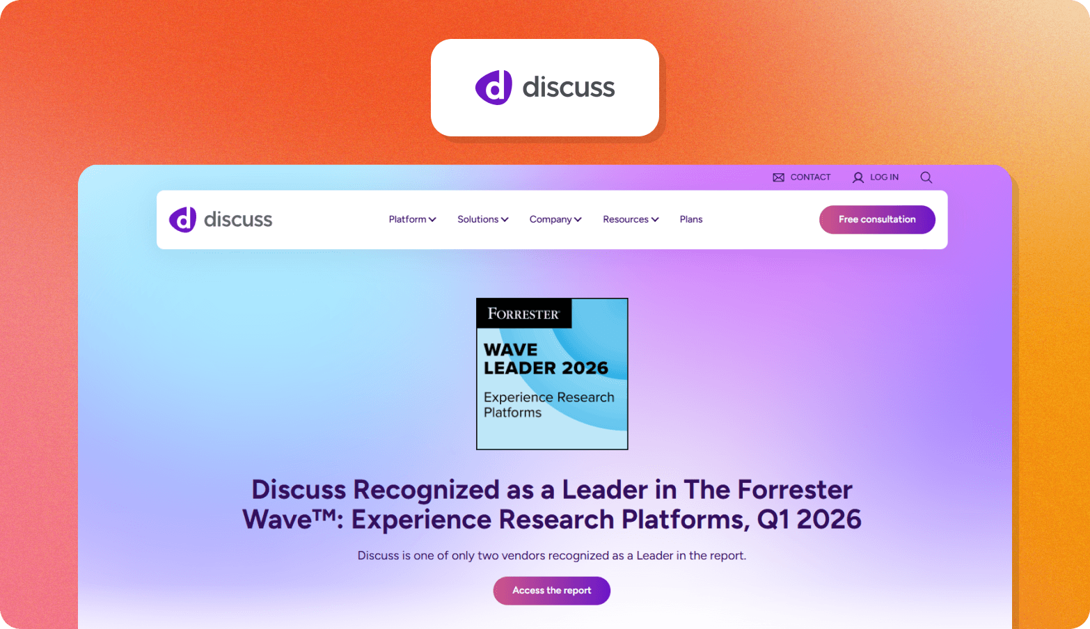 Screenshot of the discuss website homepage on a blue-to-purple gradient background, announcing "Discuss Recognized as a Leader in The Forrester Wave: Experience Research Platforms, Q1 2026."